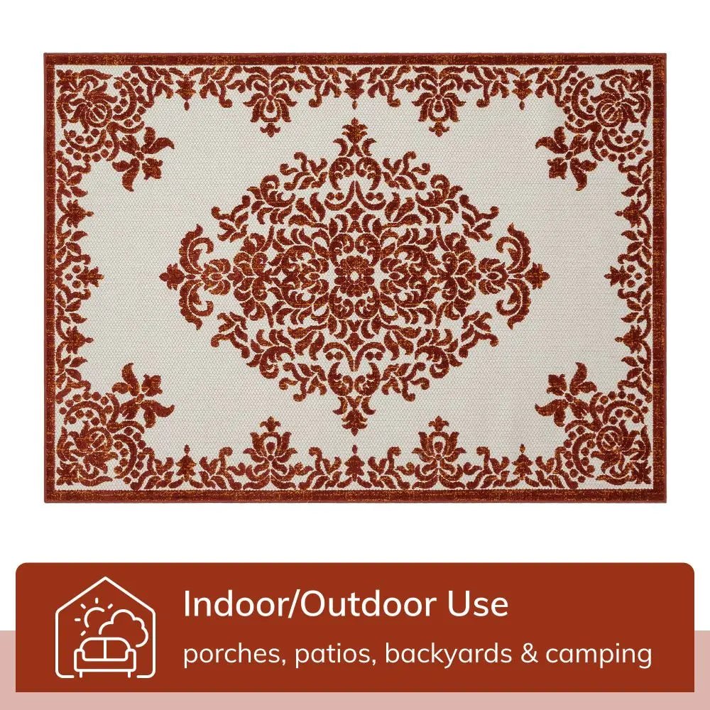 Arid Modern Medallion Persian Indoor/Outdoor Terracotta High-Low Rug Well Woven