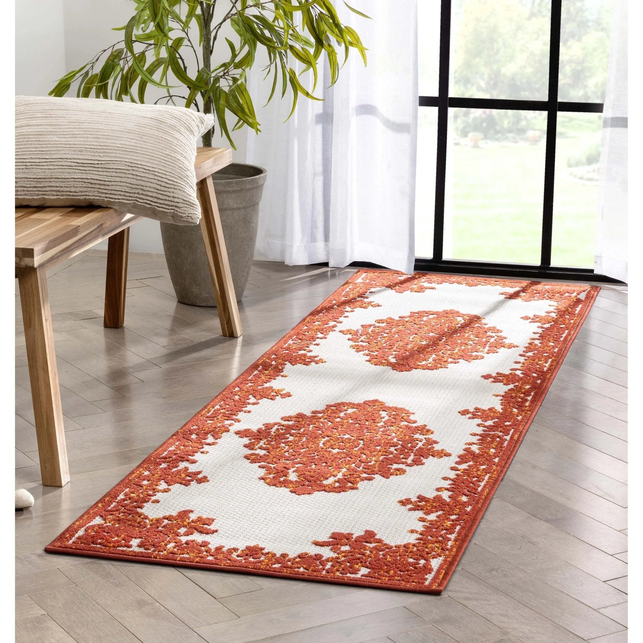 Arid Modern Medallion Persian Indoor/Outdoor Terracotta High-Low Rug Well Woven