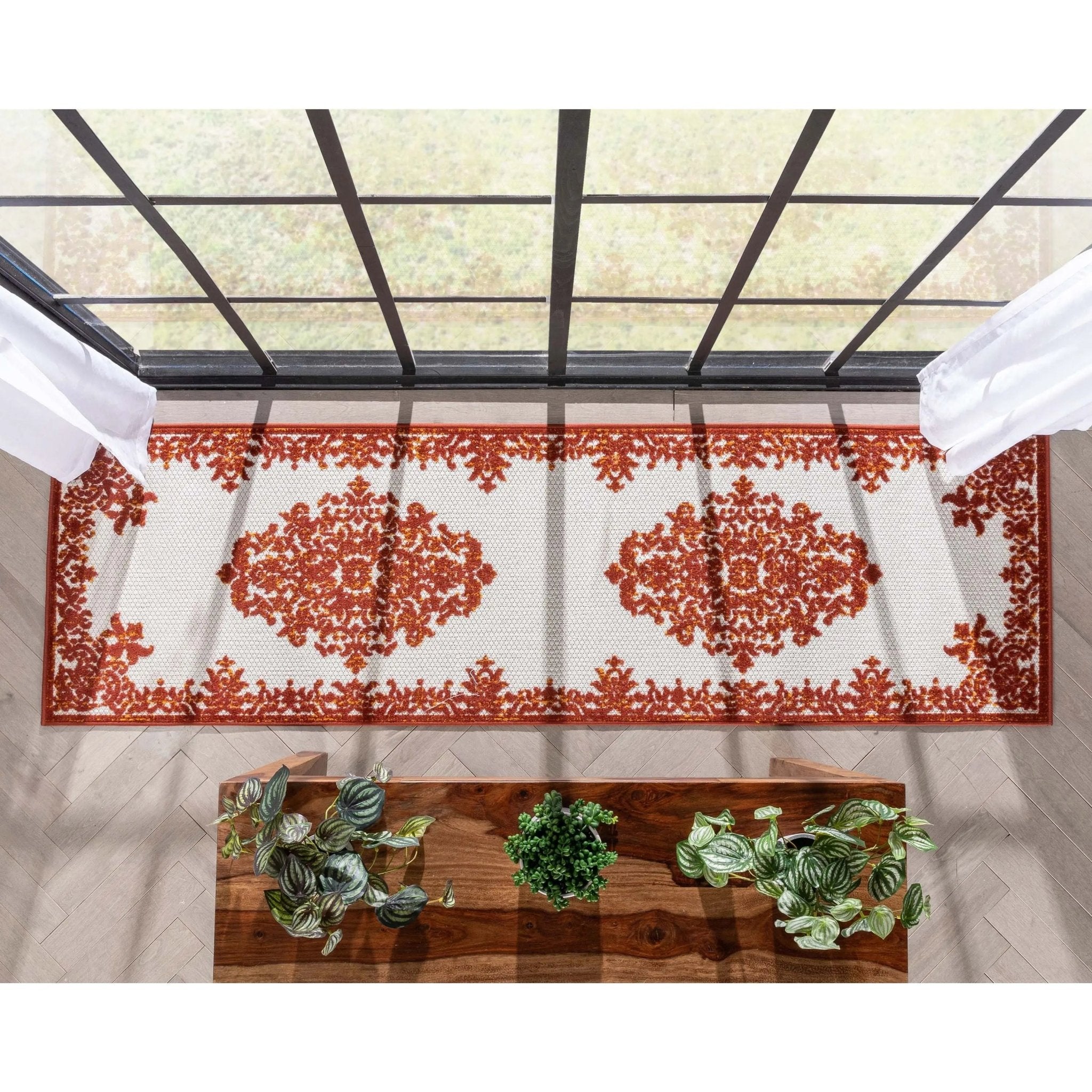 Arid Modern Medallion Persian Indoor/Outdoor Terracotta High-Low Rug Well Woven