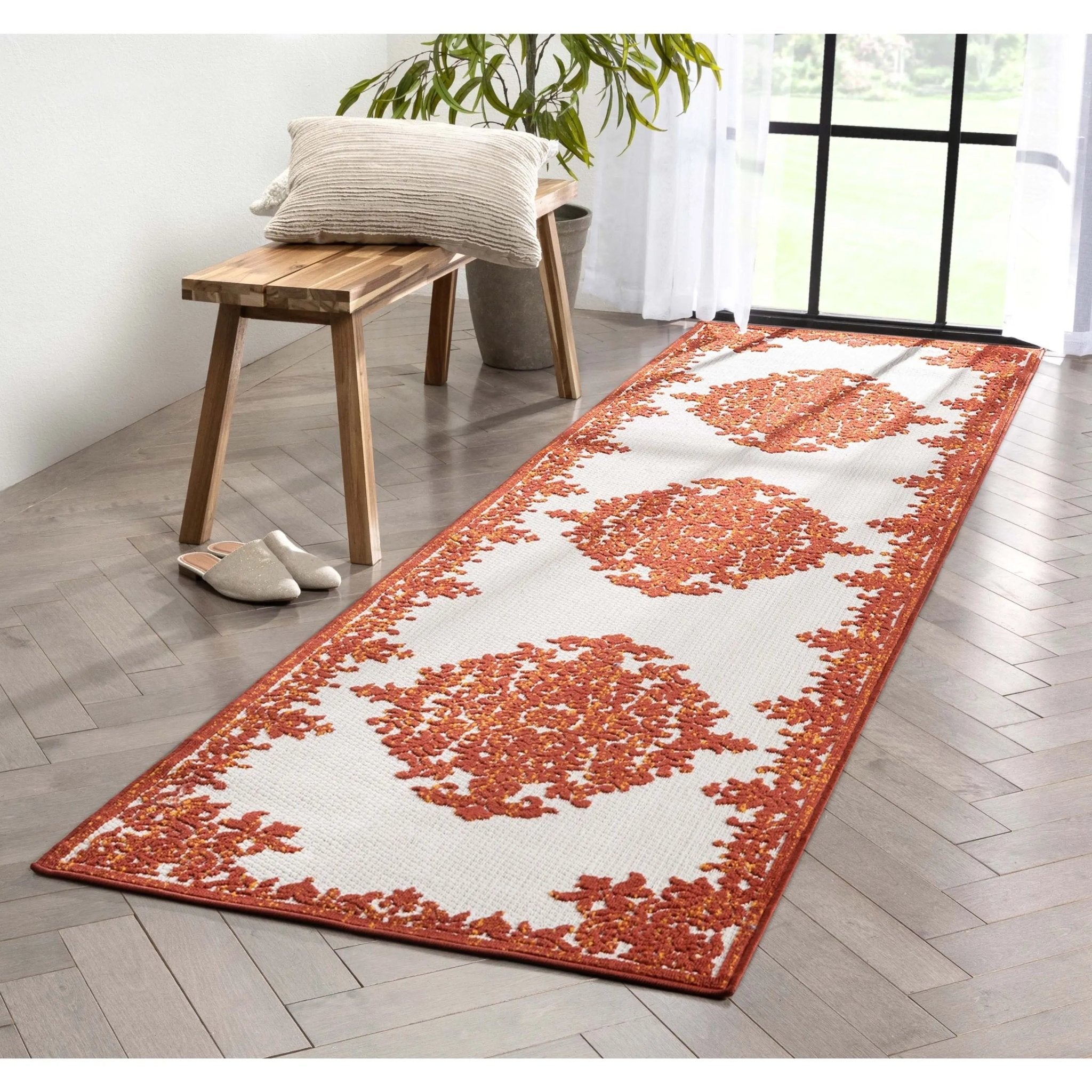 Arid Modern Medallion Persian Indoor/Outdoor Terracotta High-Low Rug Well Woven
