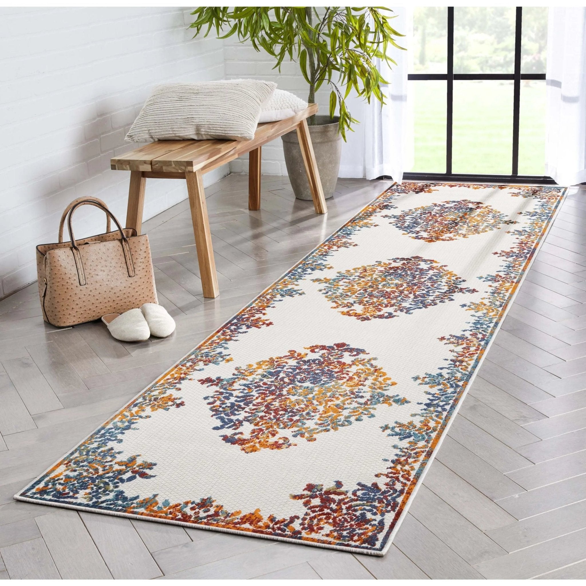 Arid Modern Medallion Persian Indoor/Outdoor Ivory High-Low Rug Well Woven