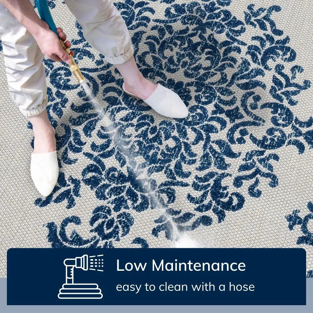 Arid Modern Medallion Persian Indoor/Outdoor Blue High-Low Rug Well Woven