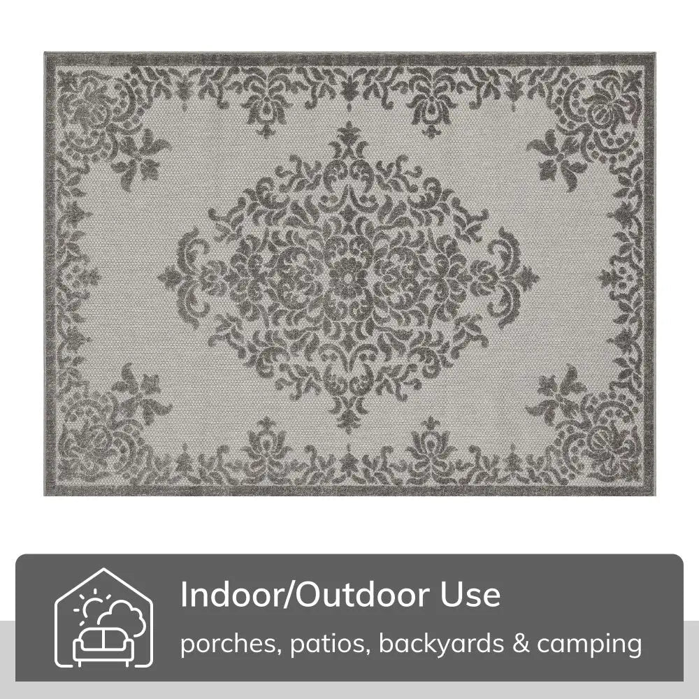 Arid Modern Medallion Persian Indoor/Outdoor Grey High-Low Rug Well Woven