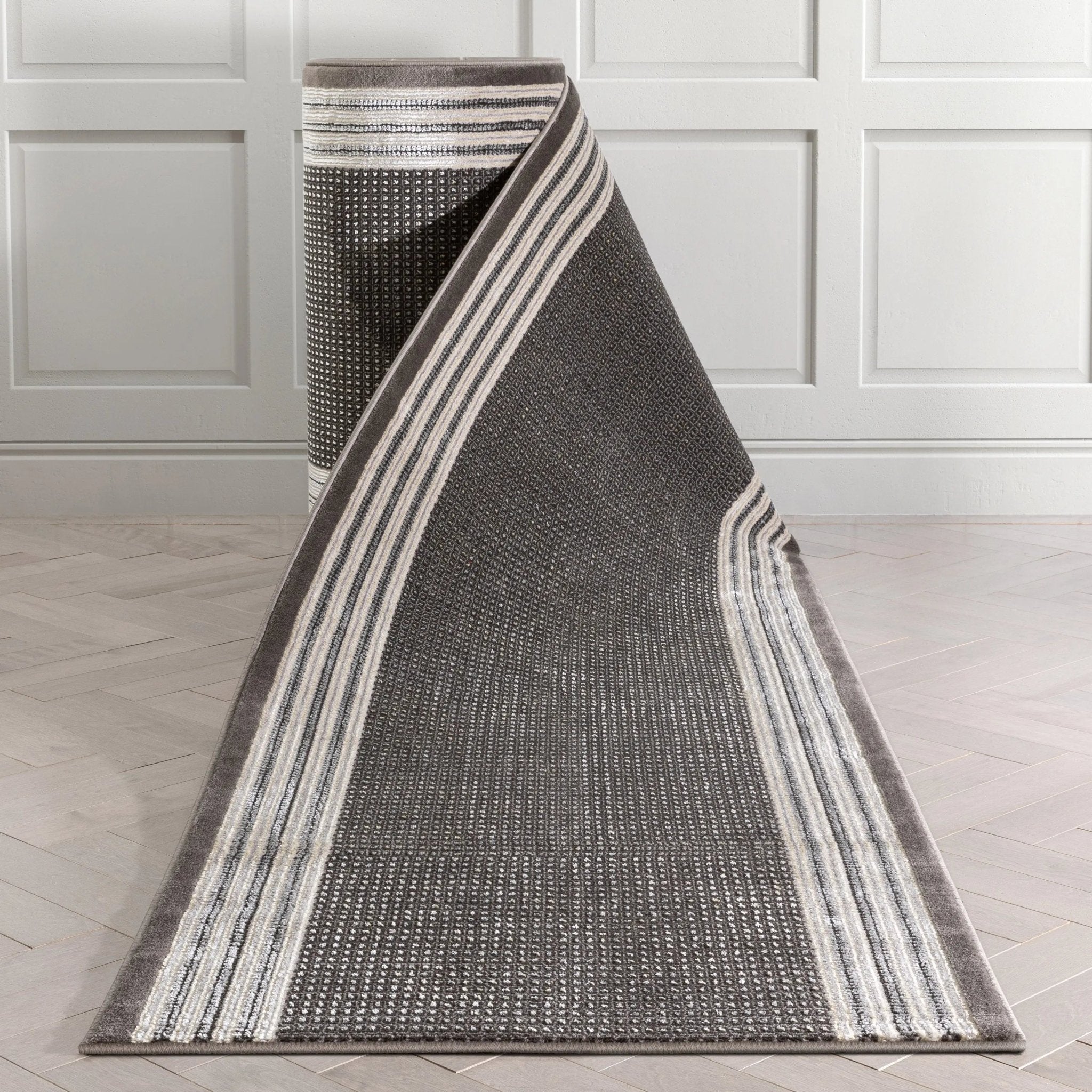 Custom Size Runner Waylon Retro Border Solid & Striped Grey Select Your Width x Choose Your Length Hallway Runner Rug Well Woven