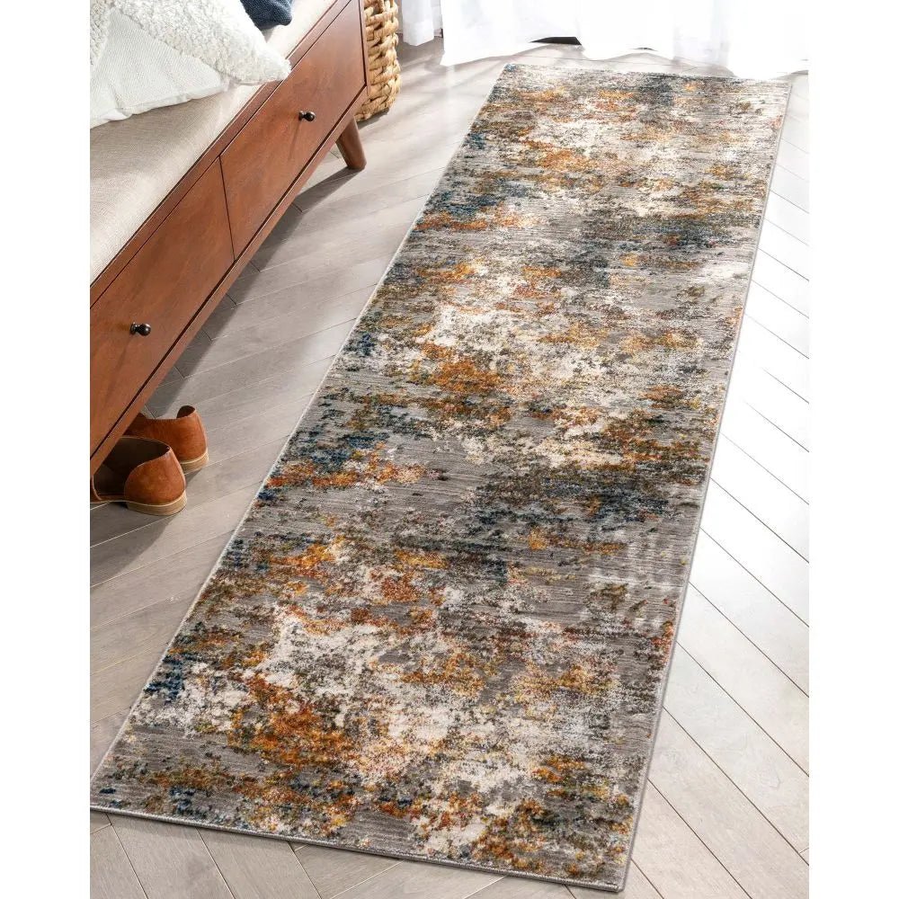 Abstract Modern Distressed Grey Multi High-Low Rug Well Woven