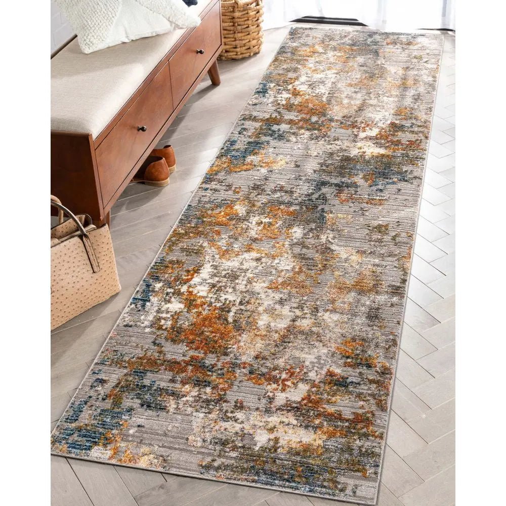 Abstract Modern Distressed Grey Multi High-Low Rug Well Woven