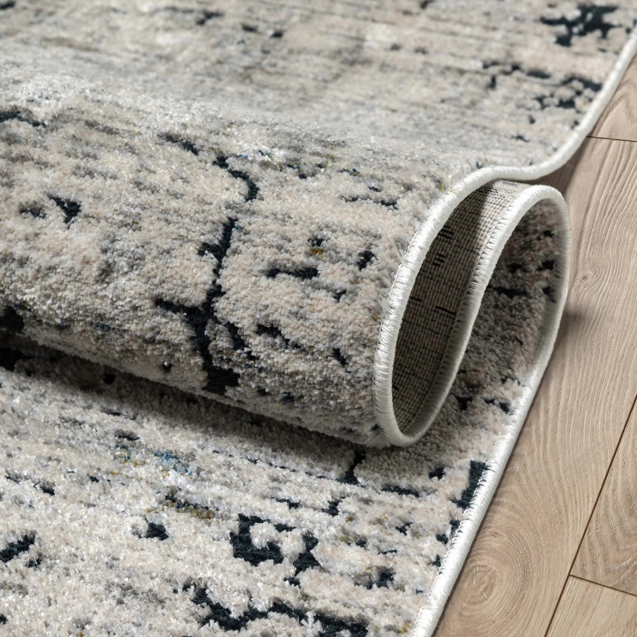 Abstract Modern Distressed Grey Navy High-Low Rug Well Woven
