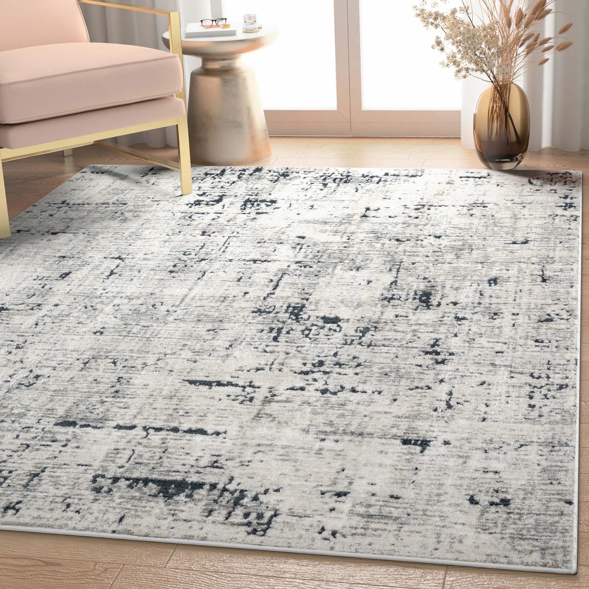 Abstract Modern Distressed Grey Navy High-Low Rug Well Woven