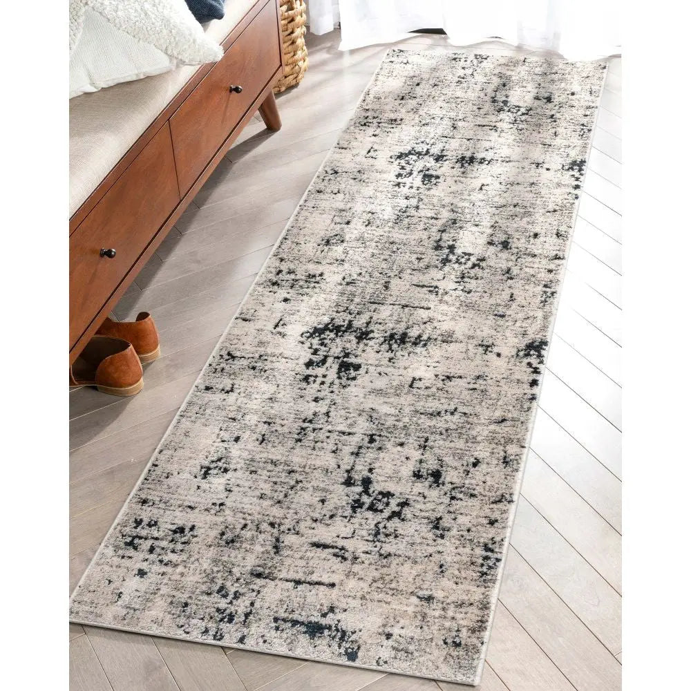 Abstract Modern Distressed Grey Navy High-Low Rug Well Woven