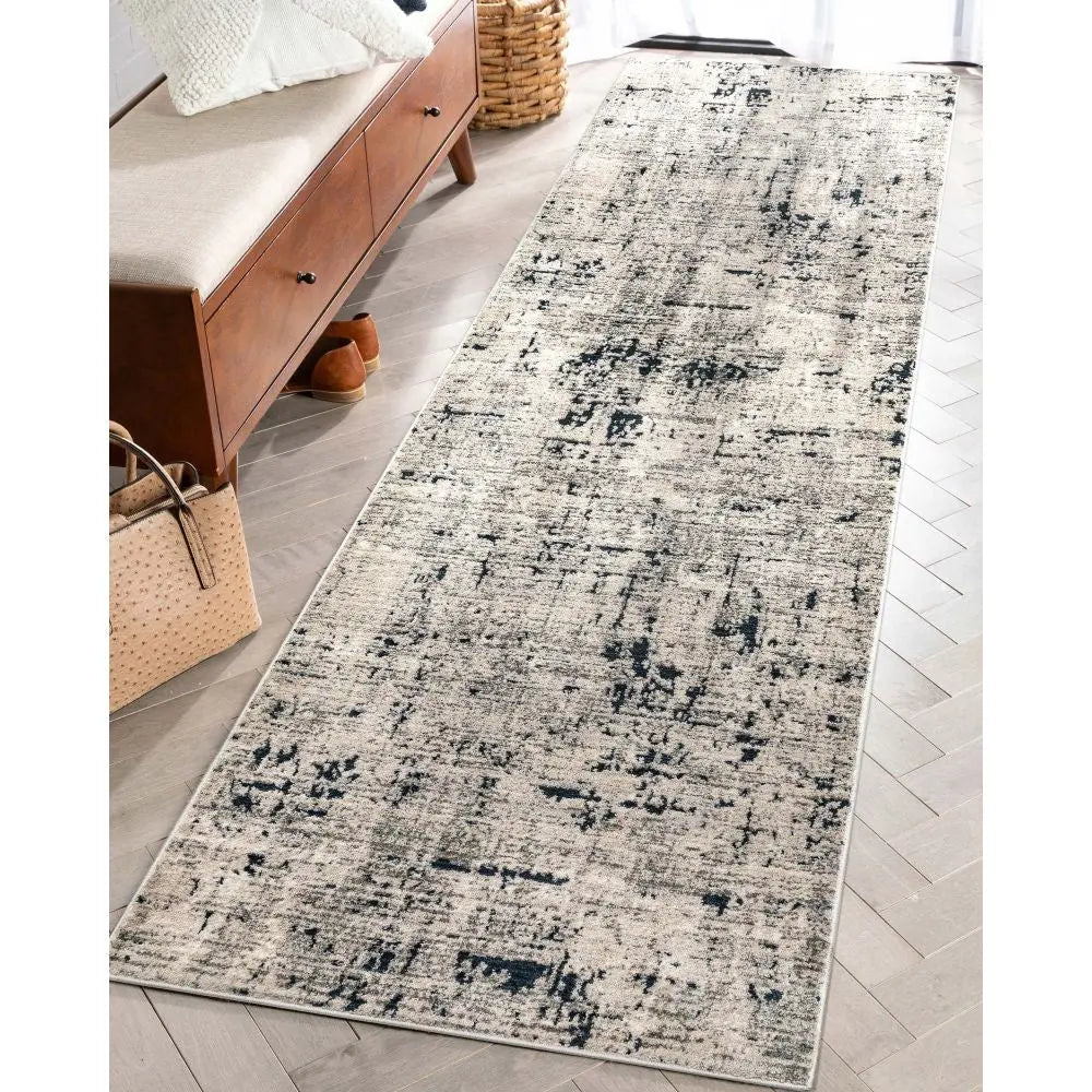 Abstract Modern Distressed Grey Navy High-Low Rug Well Woven