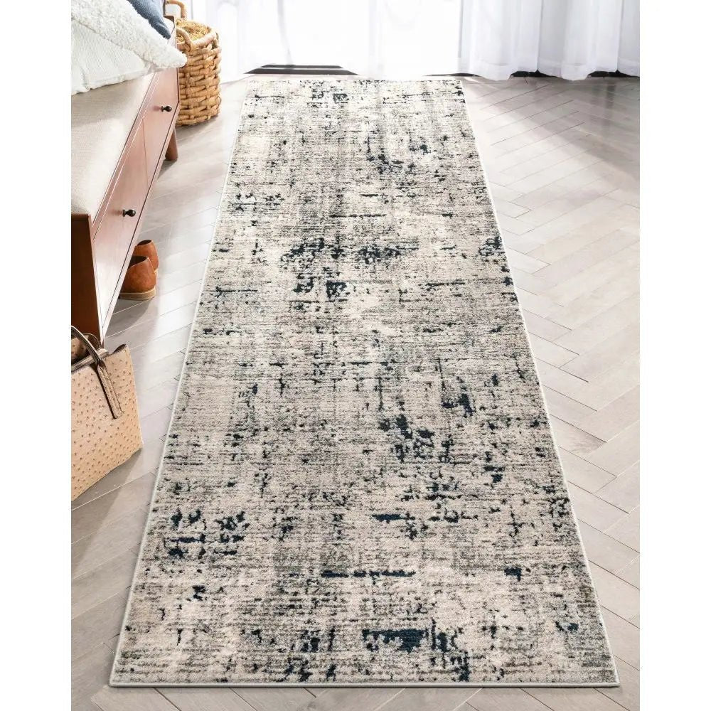 Abstract Modern Distressed Grey Navy High-Low Rug Well Woven