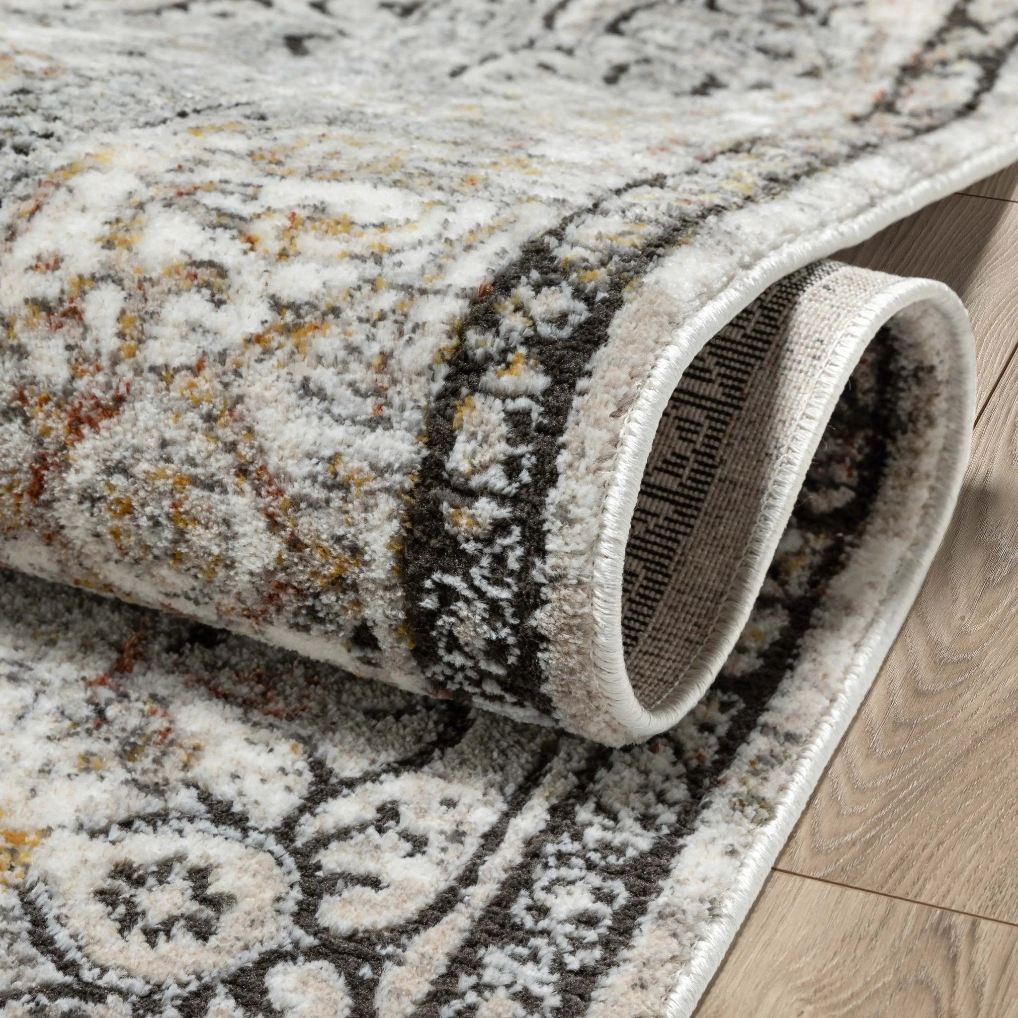 Heriz Medallion Modern Vintage Grey Ivory High-Low Rug Well Woven