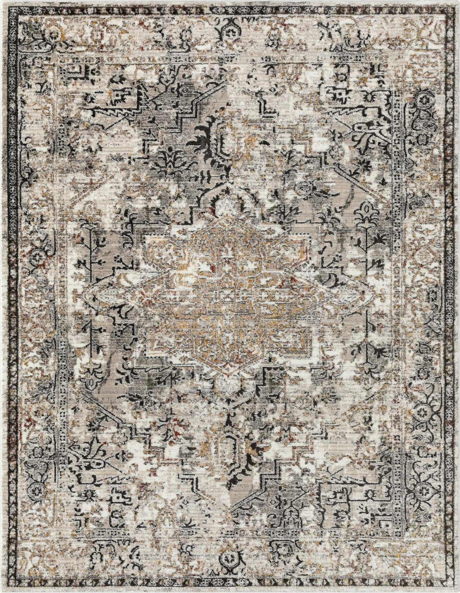 Heriz Medallion Modern Vintage Grey Ivory High-Low Rug Well Woven