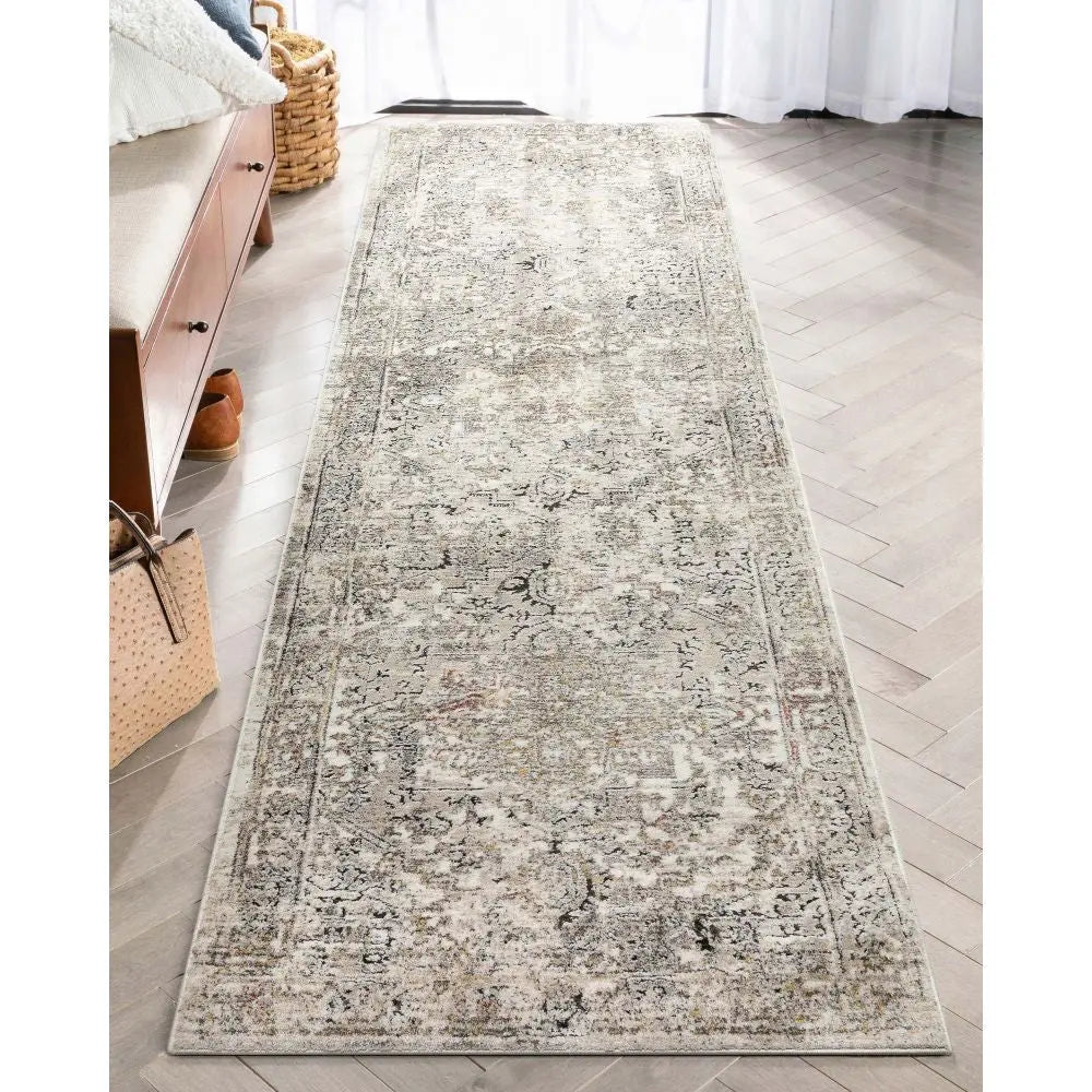 Heriz Medallion Modern Vintage Grey Ivory High-Low Rug Well Woven