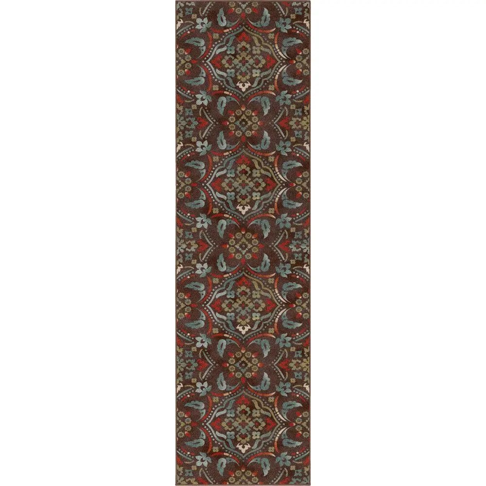 Florence Brown/Grey Floral Flat-Weave Cotton Backing Rug Well Woven