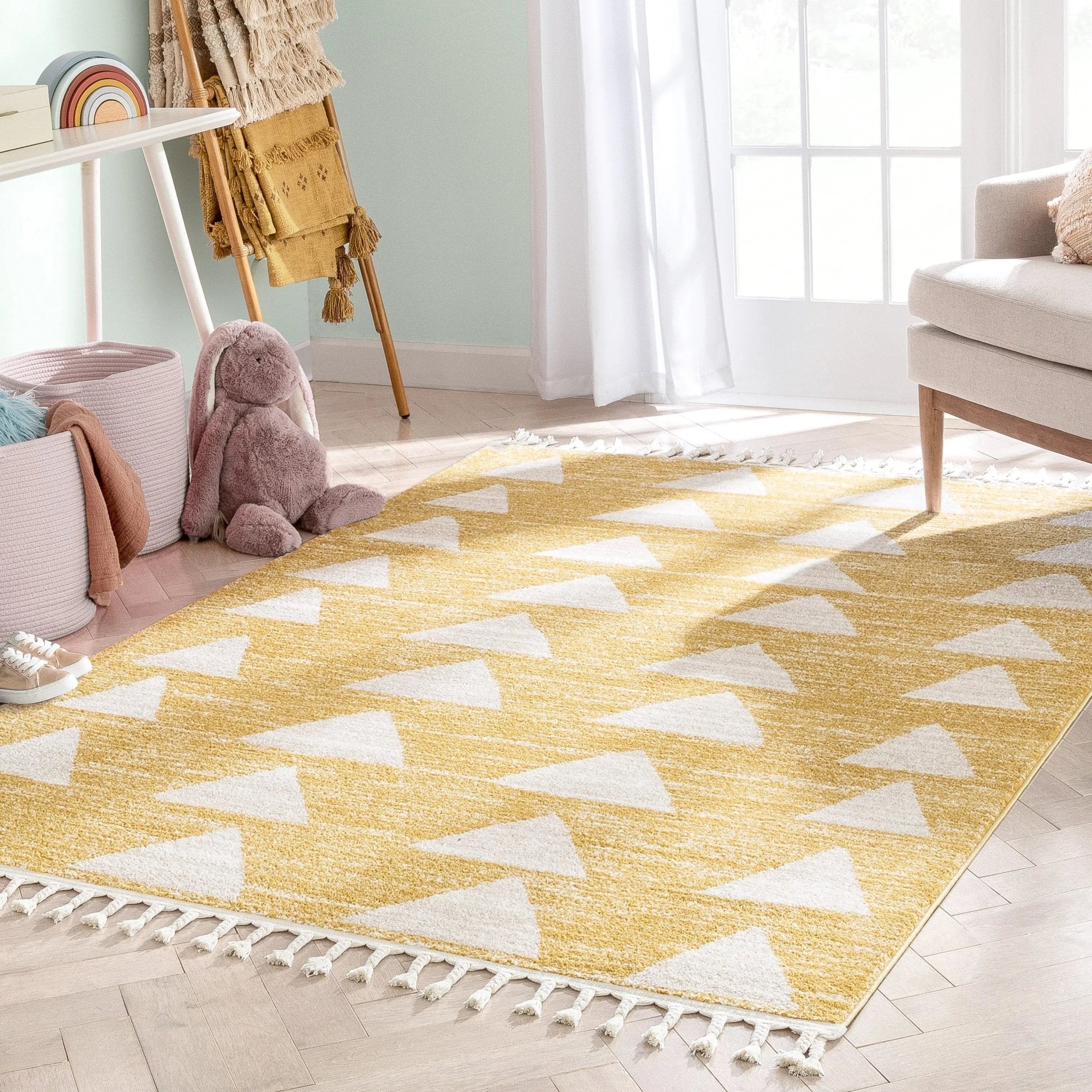 Triangles Modern Geometric Pattern Yellow Kids Rug Well Woven