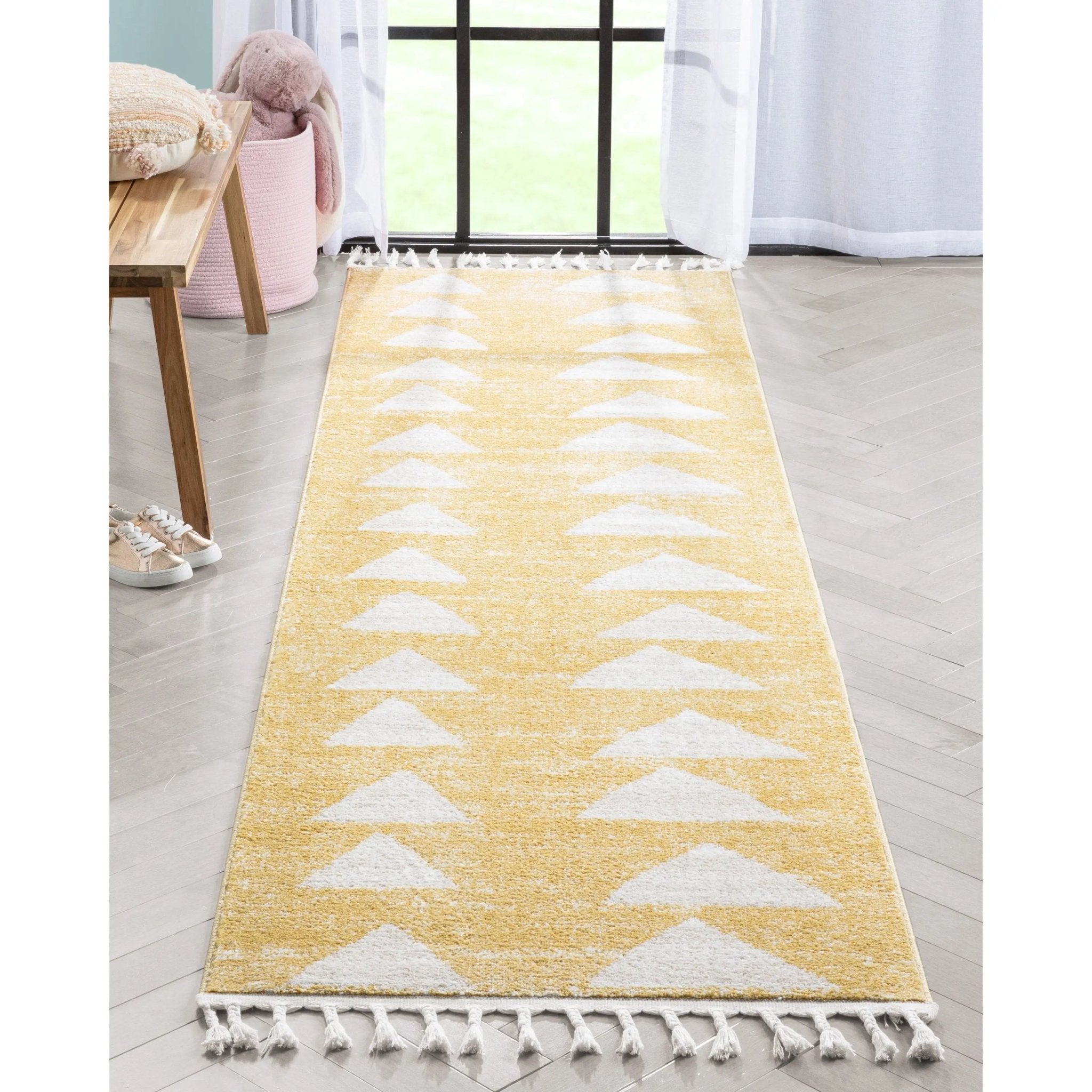 Triangles Modern Geometric Pattern Yellow Kids Rug Well Woven
