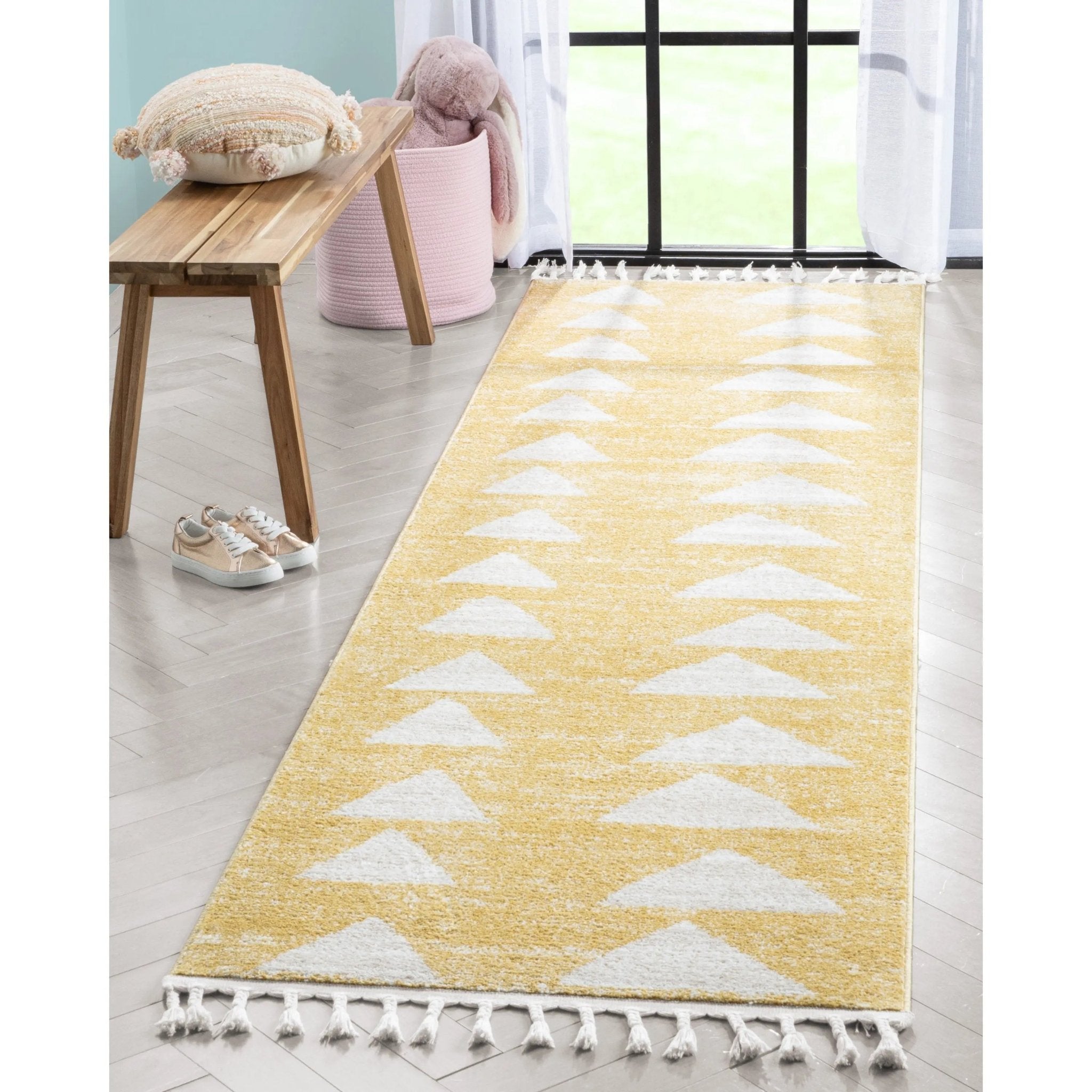 Triangles Modern Geometric Pattern Yellow Kids Rug Well Woven