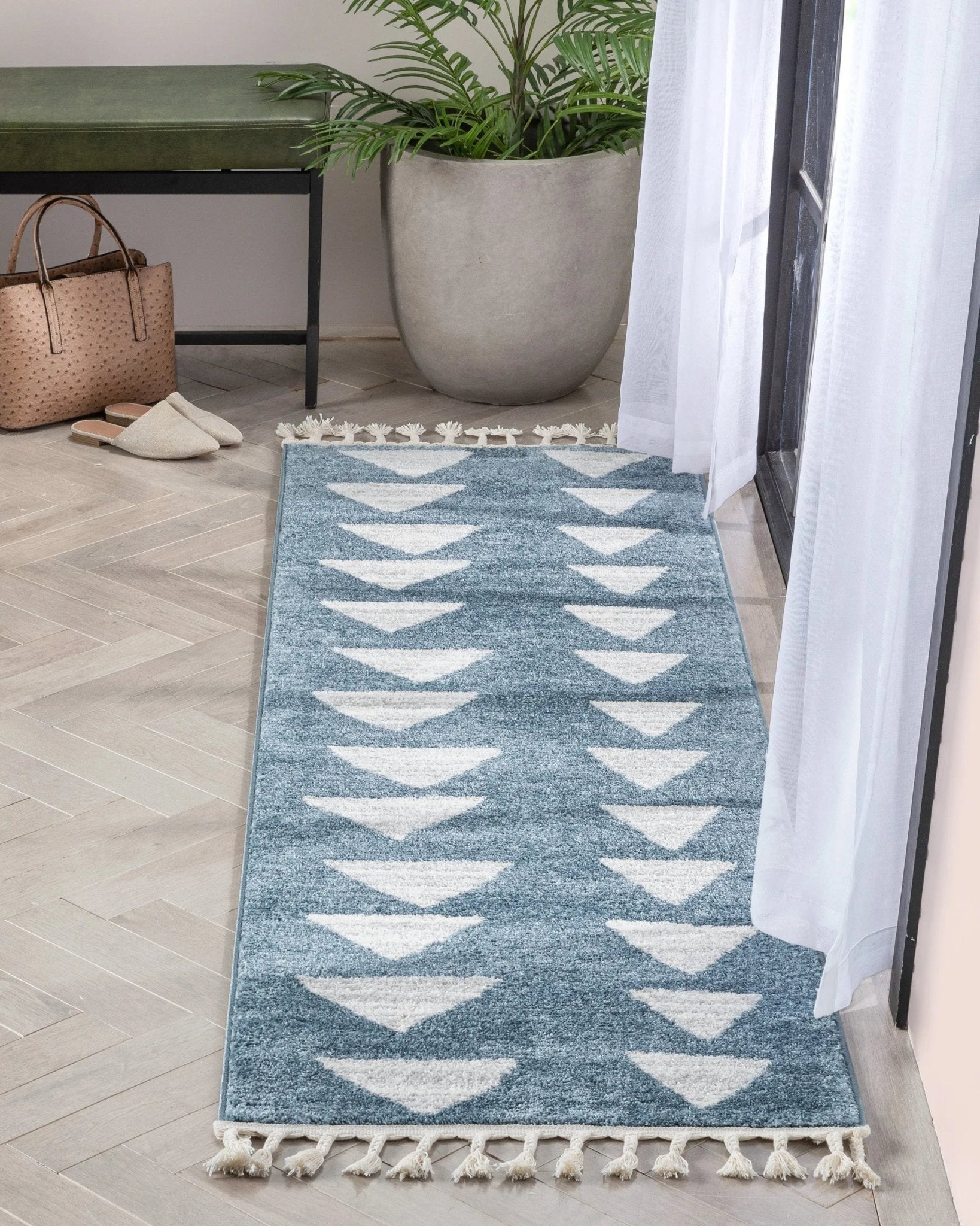 Triangles Modern Geometric Pattern Blue Kids Rug Well Woven