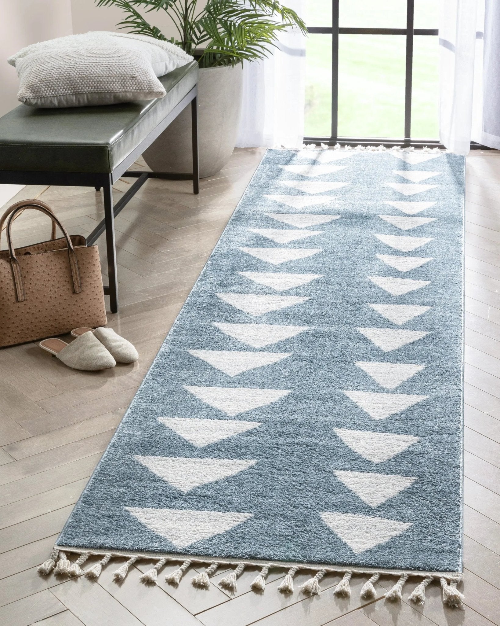 Triangles Modern Geometric Pattern Blue Kids Rug Well Woven