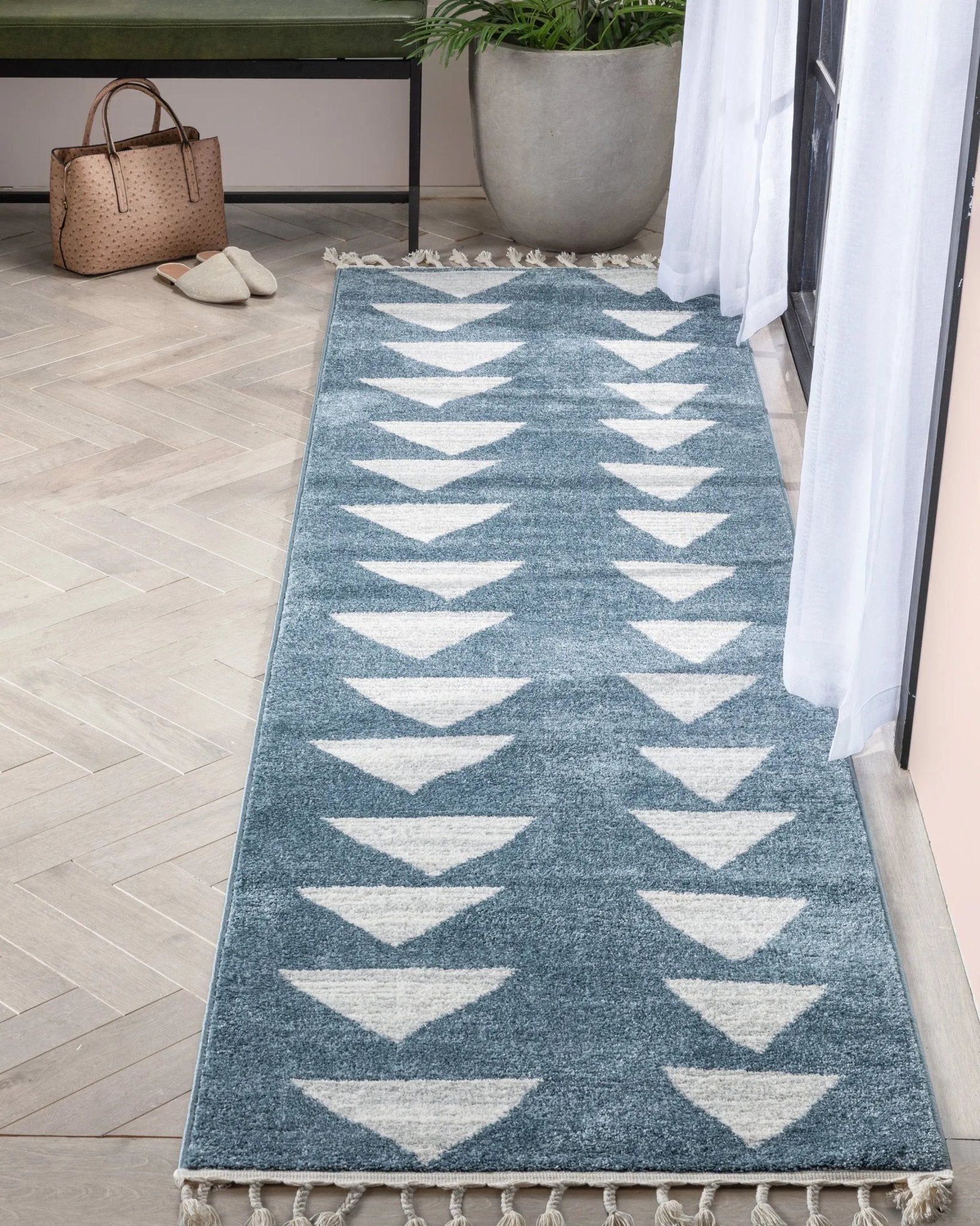 Triangles Modern Geometric Pattern Blue Kids Rug Well Woven