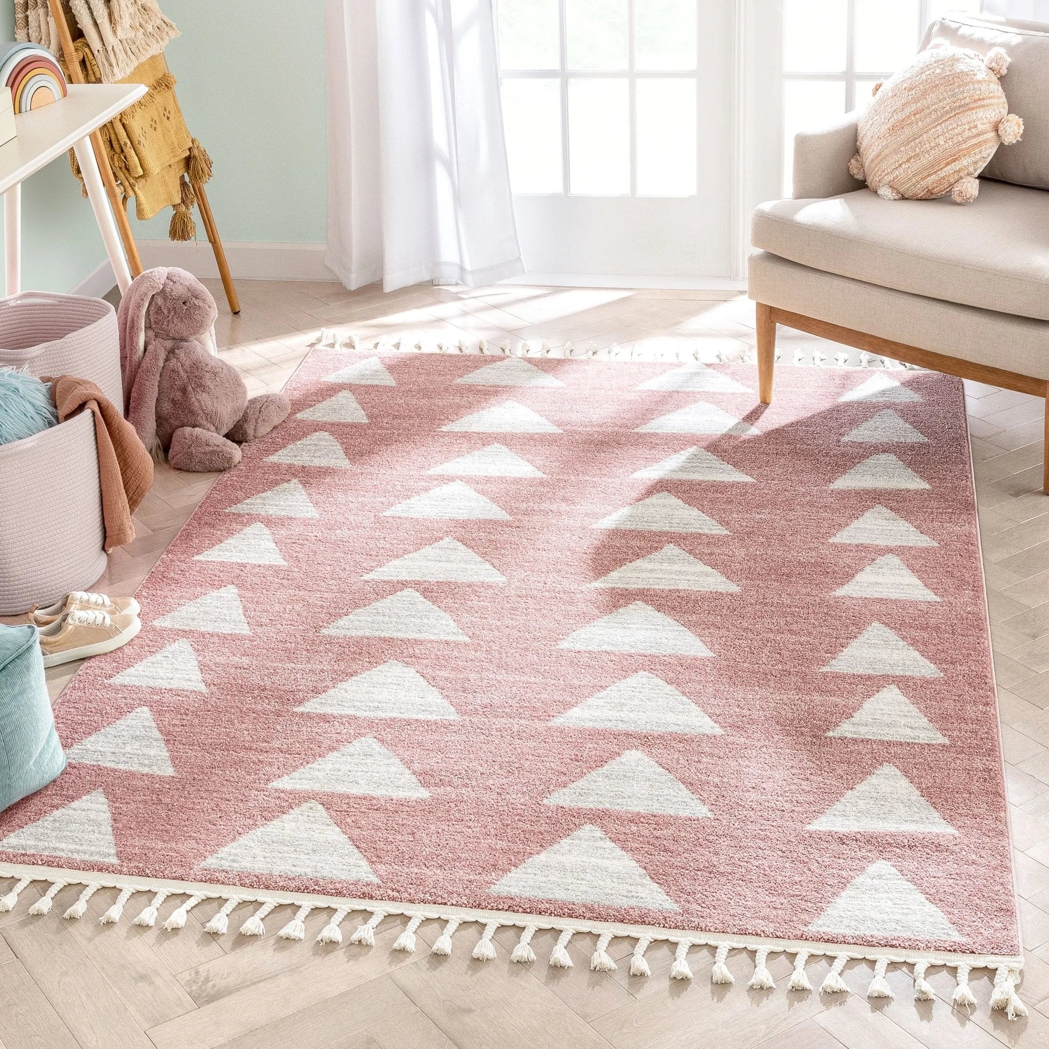 Triangles Modern Geometric Pattern Pink Kids Rug Well Woven