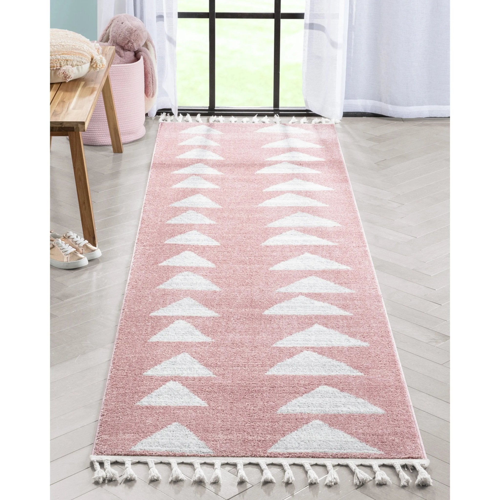 Triangles Modern Geometric Pattern Pink Kids Rug Well Woven
