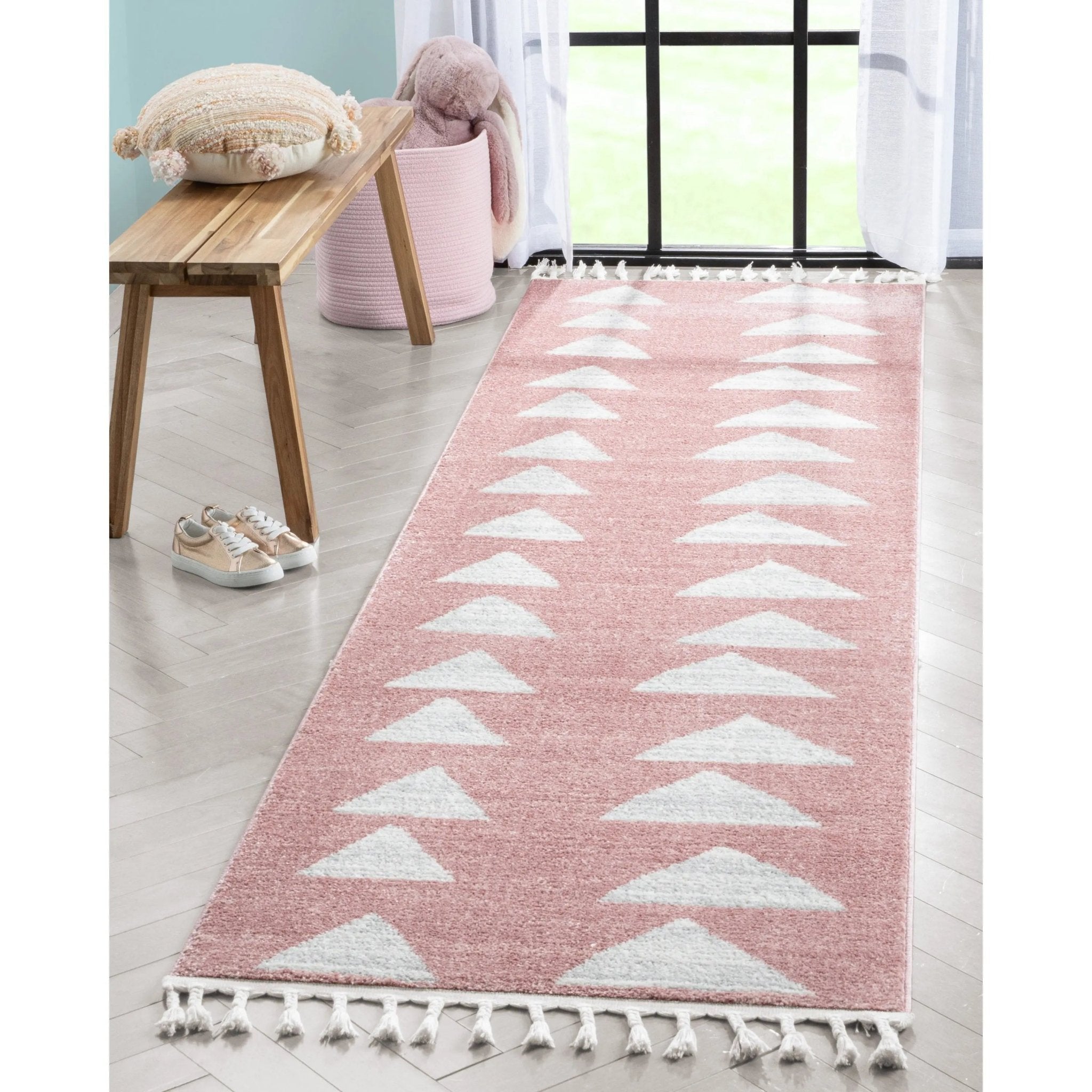 Triangles Modern Geometric Pattern Pink Kids Rug Well Woven