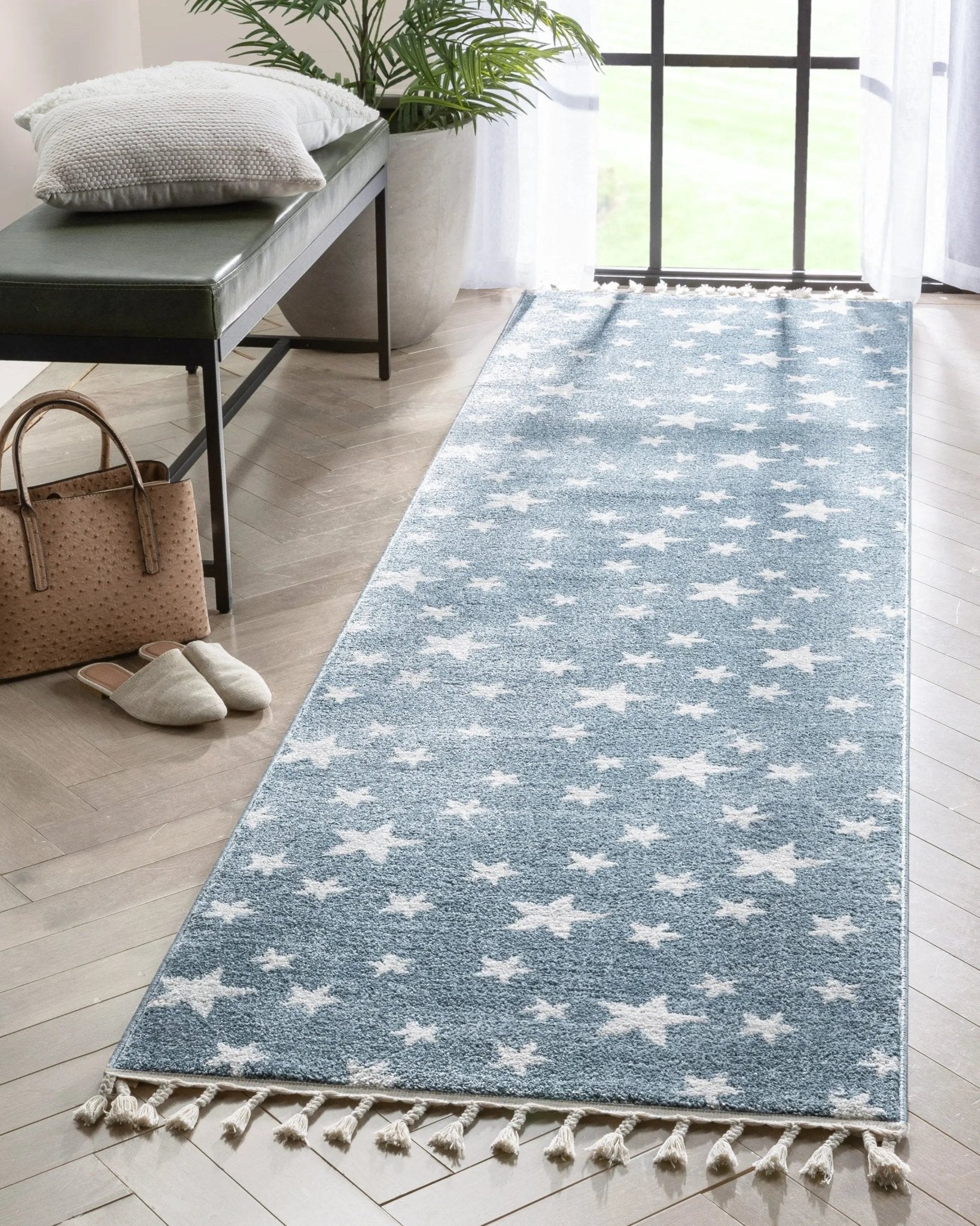 Stars Modern Geometric Blue Kids Rug Well Woven