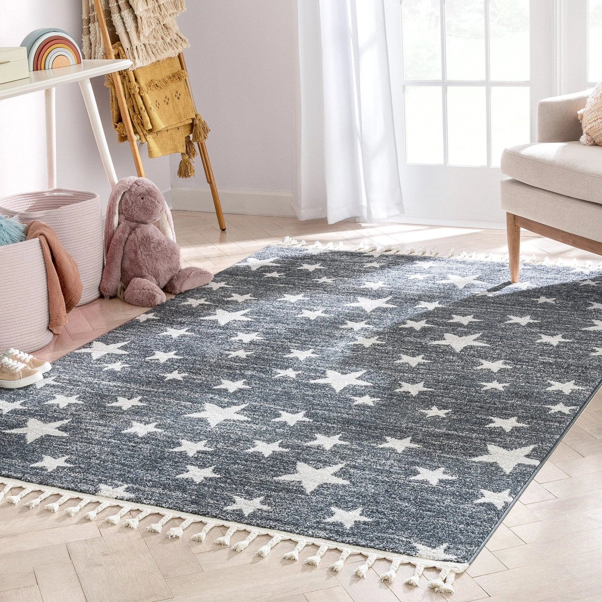 Stars Modern Geometric Grey Kids Rug Well Woven