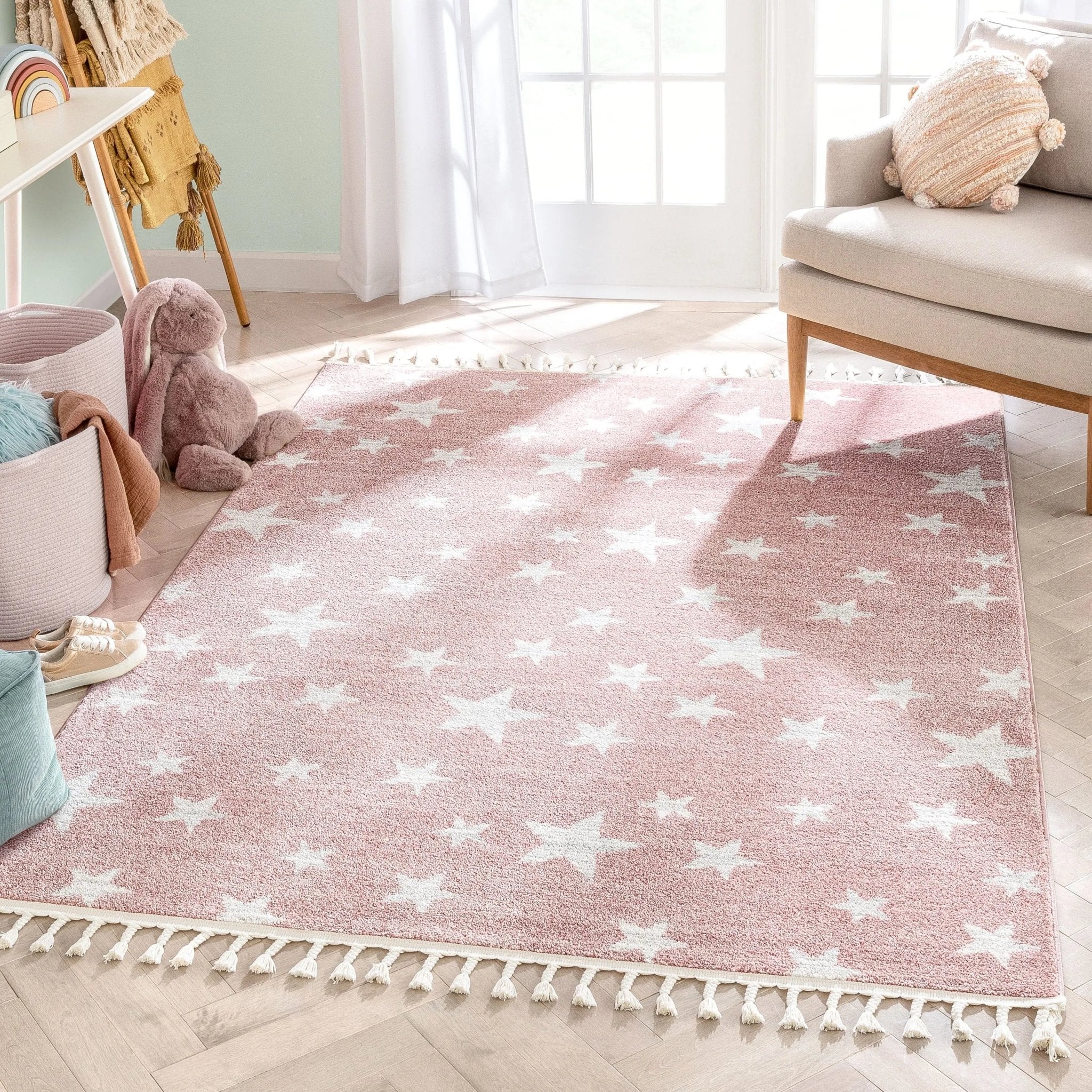 Stars Modern Geometric Pink Kids Rug Well Woven