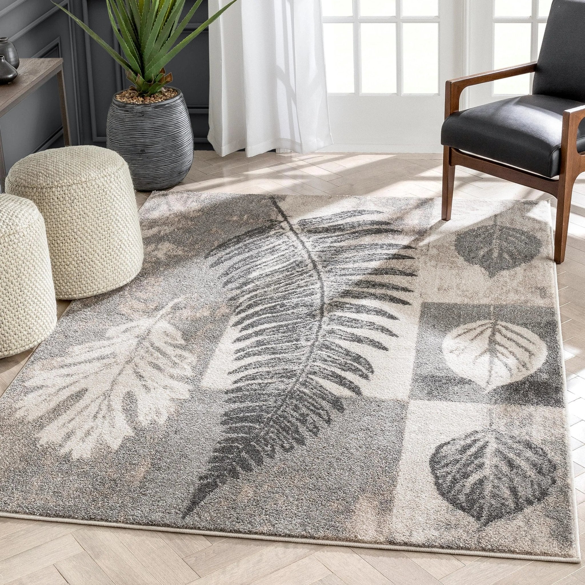 Odette Botanical Transitional Leaves Grey Vintage Rug Well Woven