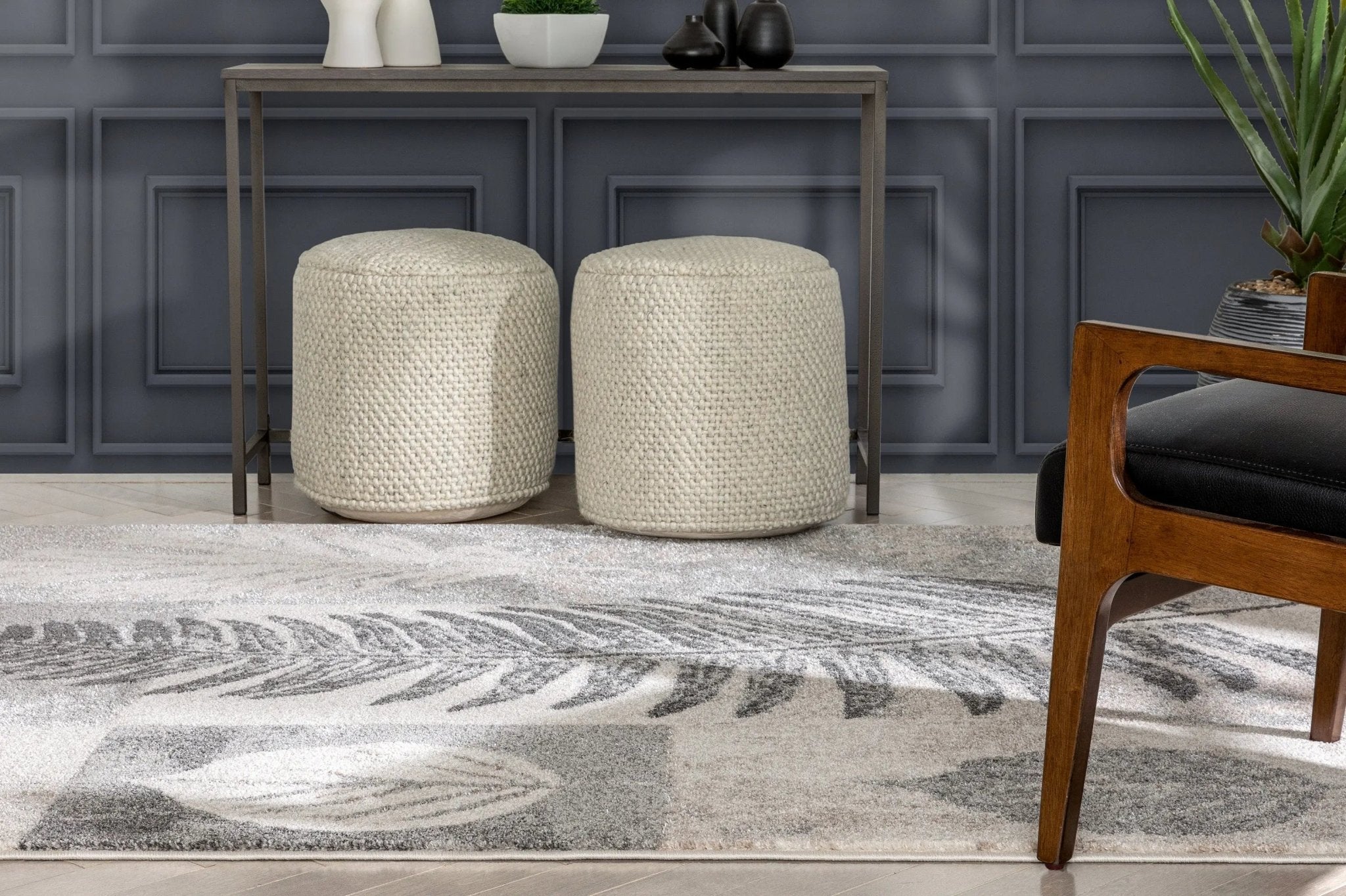 Odette Botanical Transitional Leaves Grey Vintage Rug Well Woven