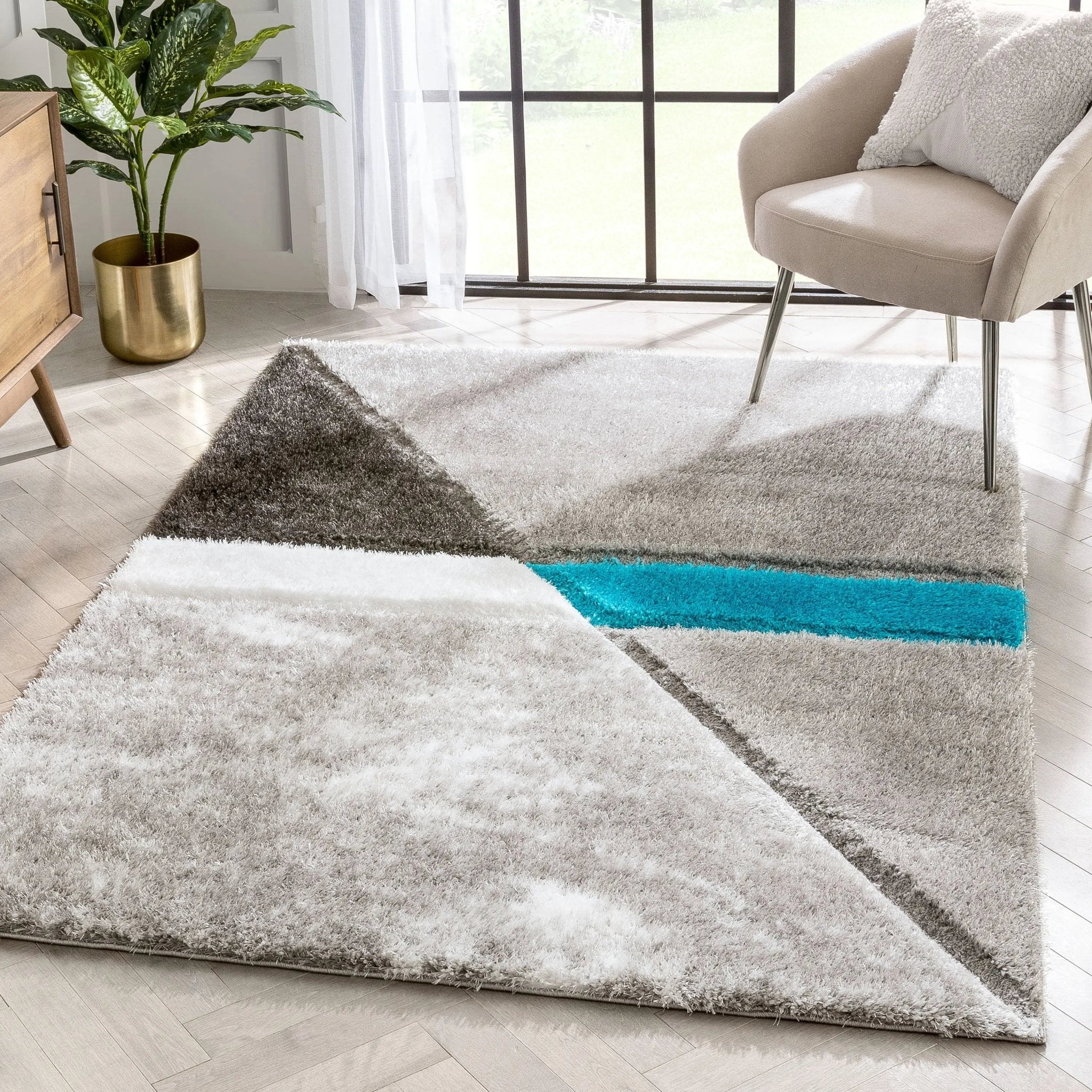 Mori Modern Abstract Geometric 3D Textured Shag Grey Blue Rug Well Woven
