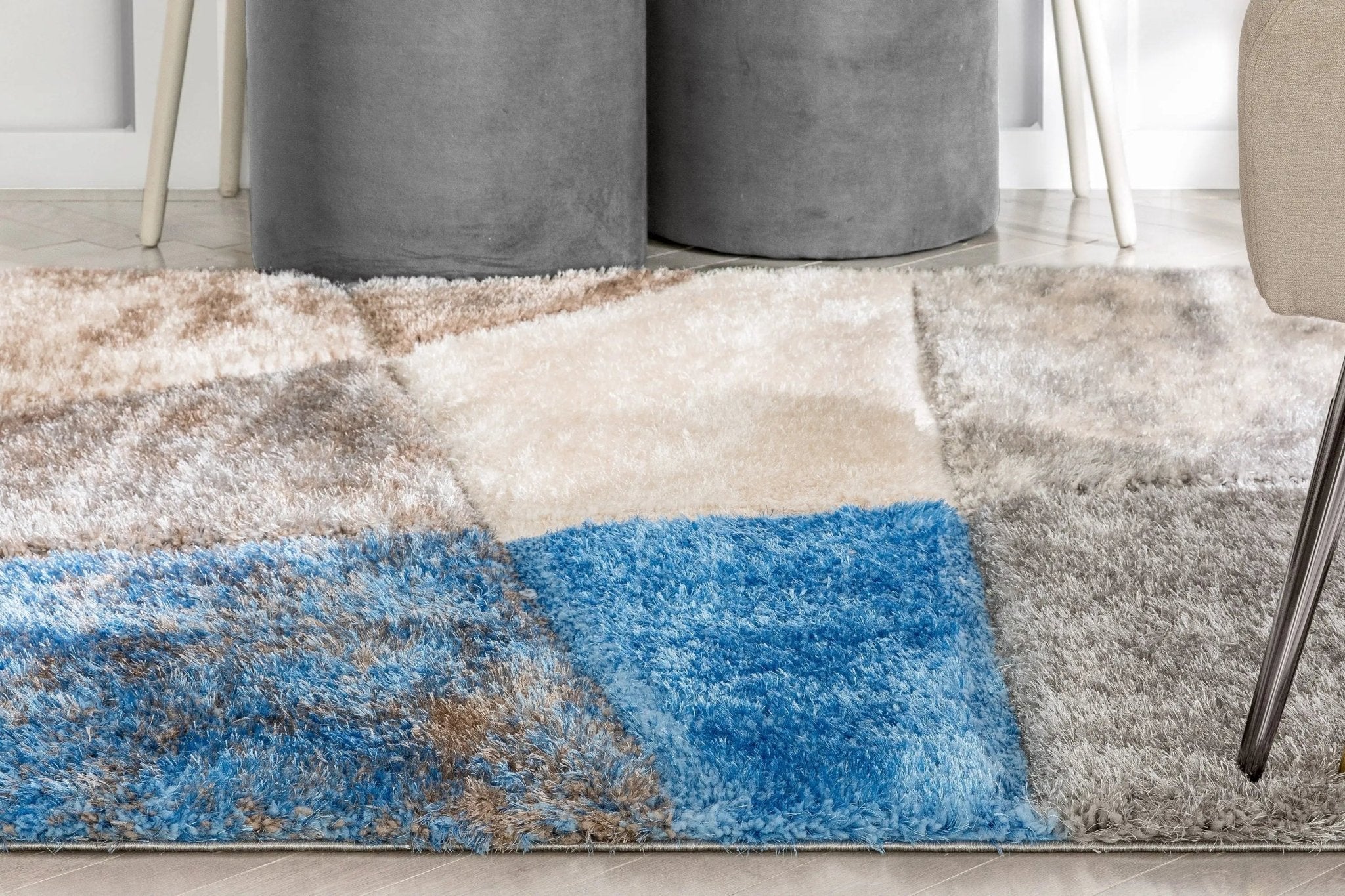 Remi Contemporary Geometric Boxes 3D Textured Shag Grey Light Blue Rug Well Woven