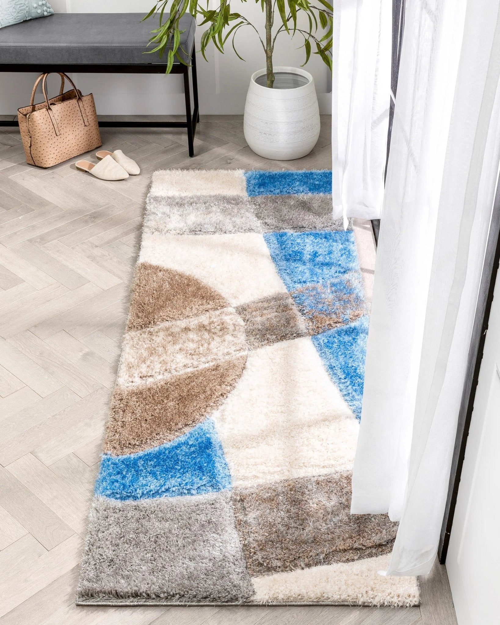 Remi Contemporary Geometric Boxes 3D Textured Shag Grey Light Blue Rug Well Woven