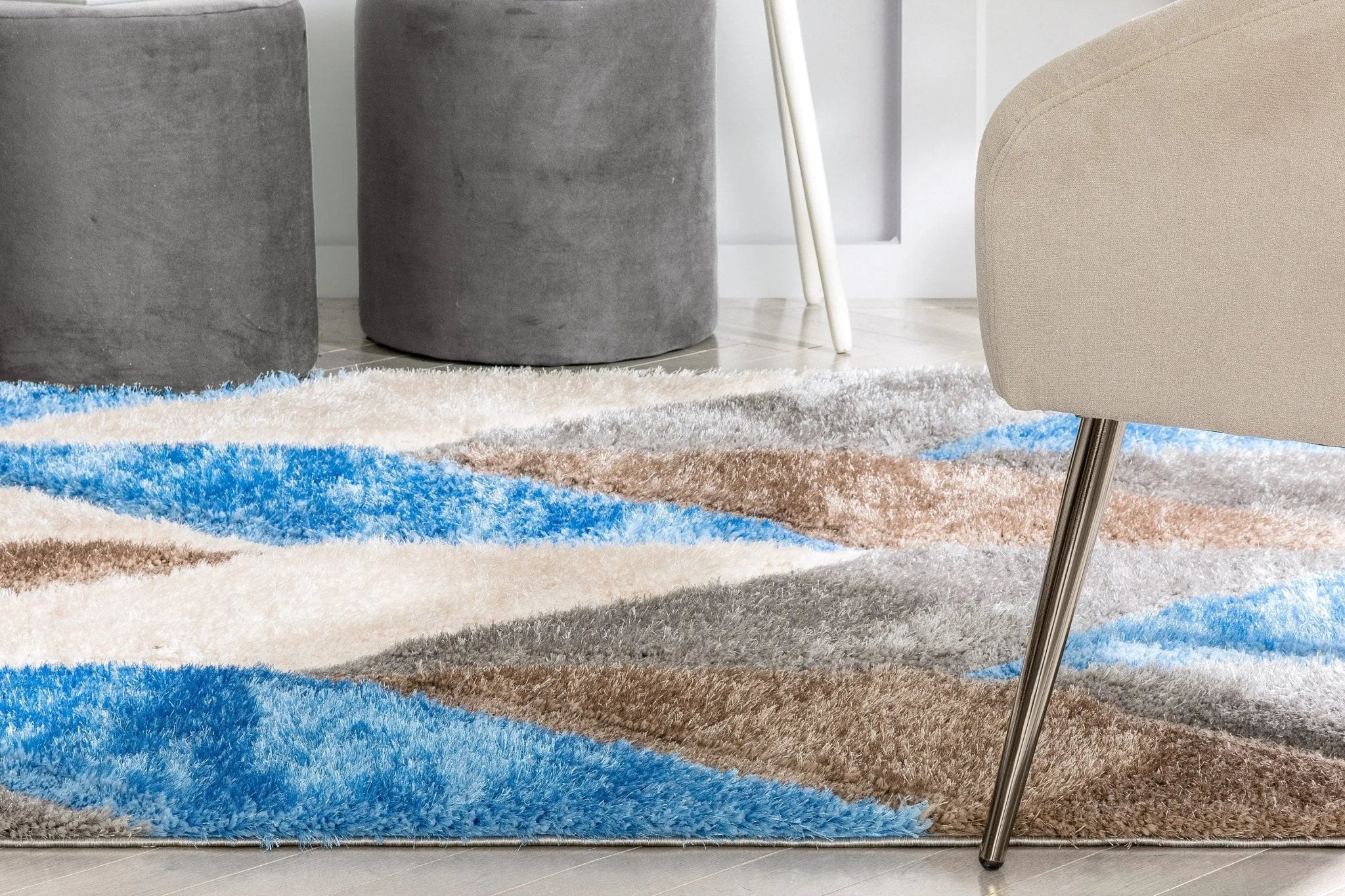 Mika Retro Chevron 3D Textured Shag Grey Light Blue Rug Well Woven