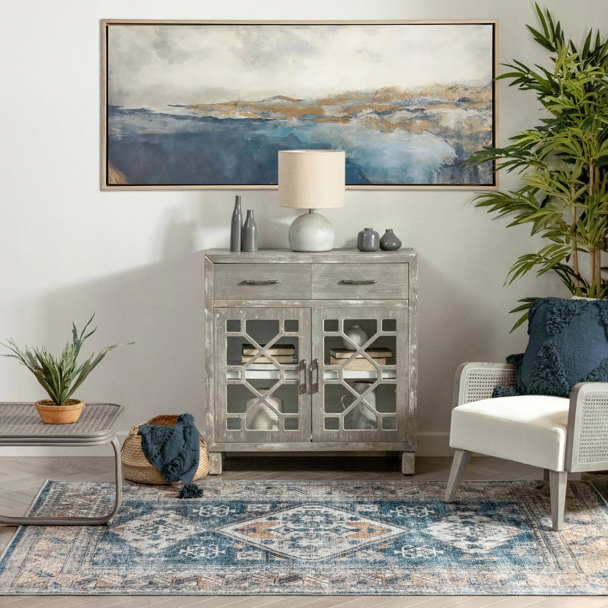 Habra Machine Washable Vintage Medallion Oriental Light Blue Flat-Weave Distressed Rug Well Woven