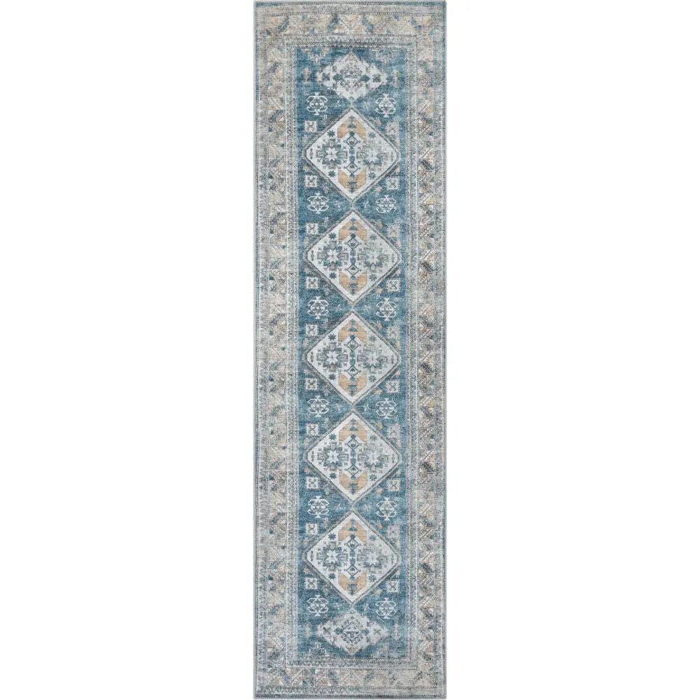 Habra Machine Washable Vintage Medallion Oriental Light Blue Flat-Weave Distressed Rug Well Woven