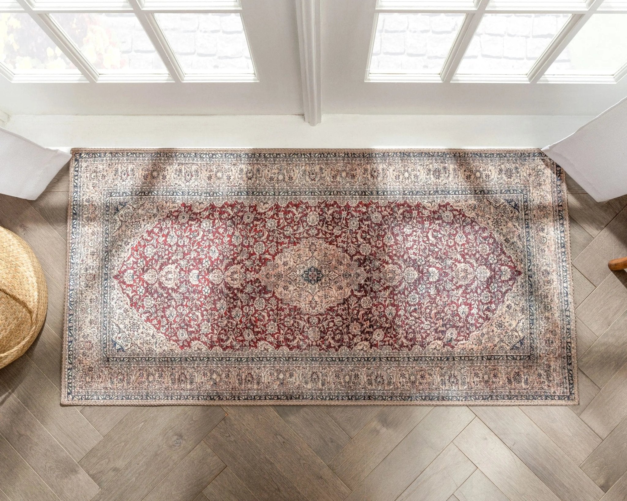 Tonti Machine Washable Vintage Medallion Oriental Red Flat-Weave Distressed Rug Well Woven