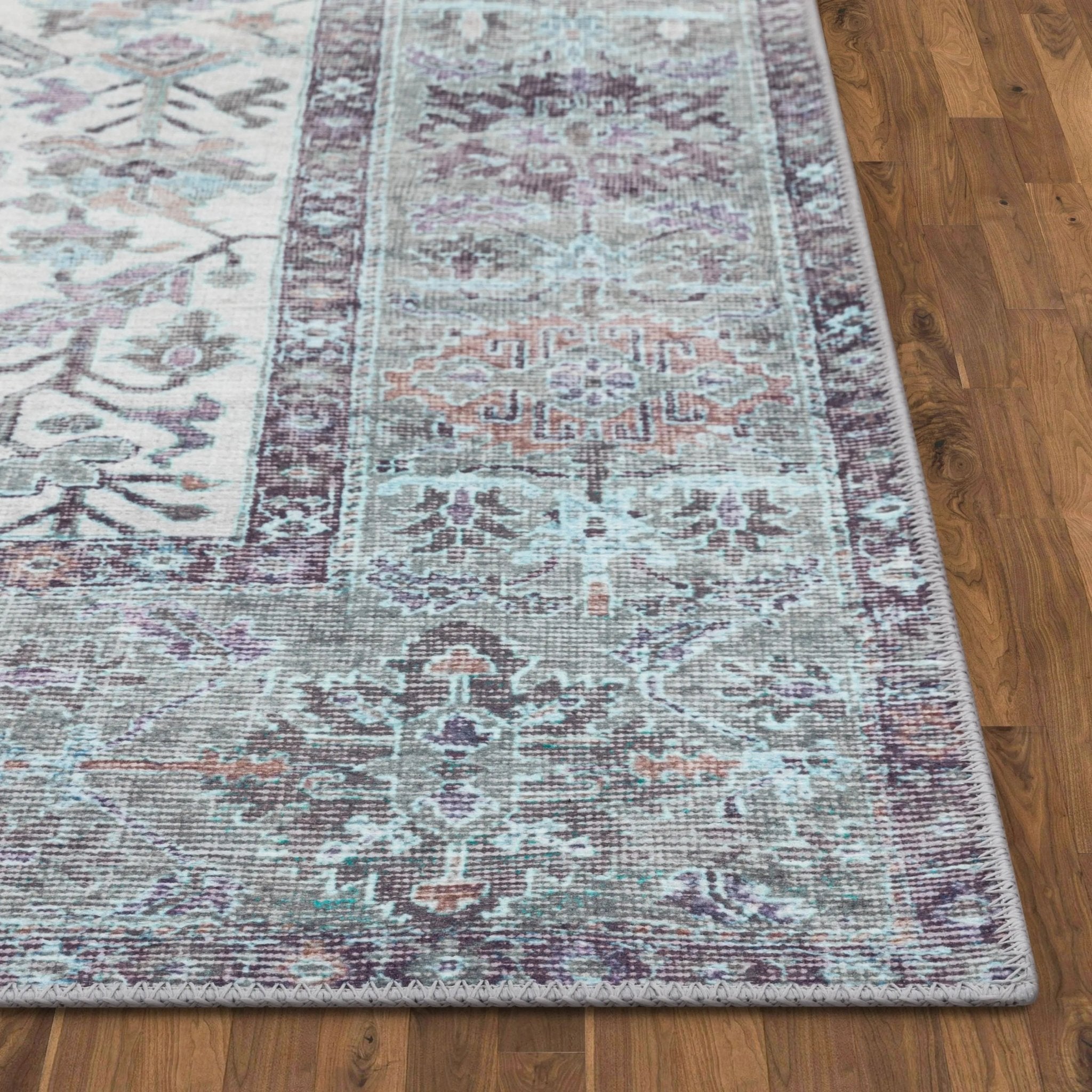Macon Machine Washable Vintage Medallion Botanical Border Beige Flat-Weave Distressed 5'3" x 7'3" Rug Well Woven