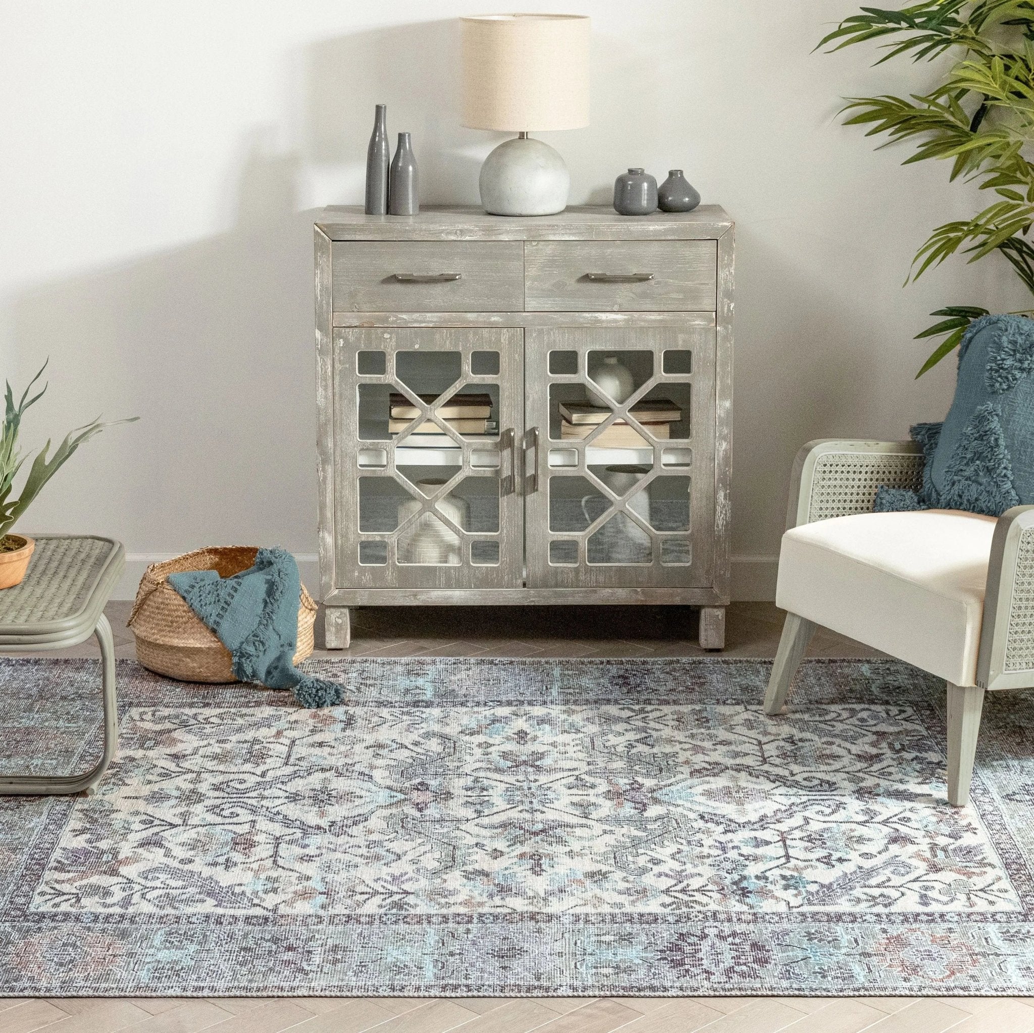 Macon Machine Washable Vintage Medallion Botanical Border Beige Flat-Weave Distressed 5'3" x 7'3" Rug Well Woven