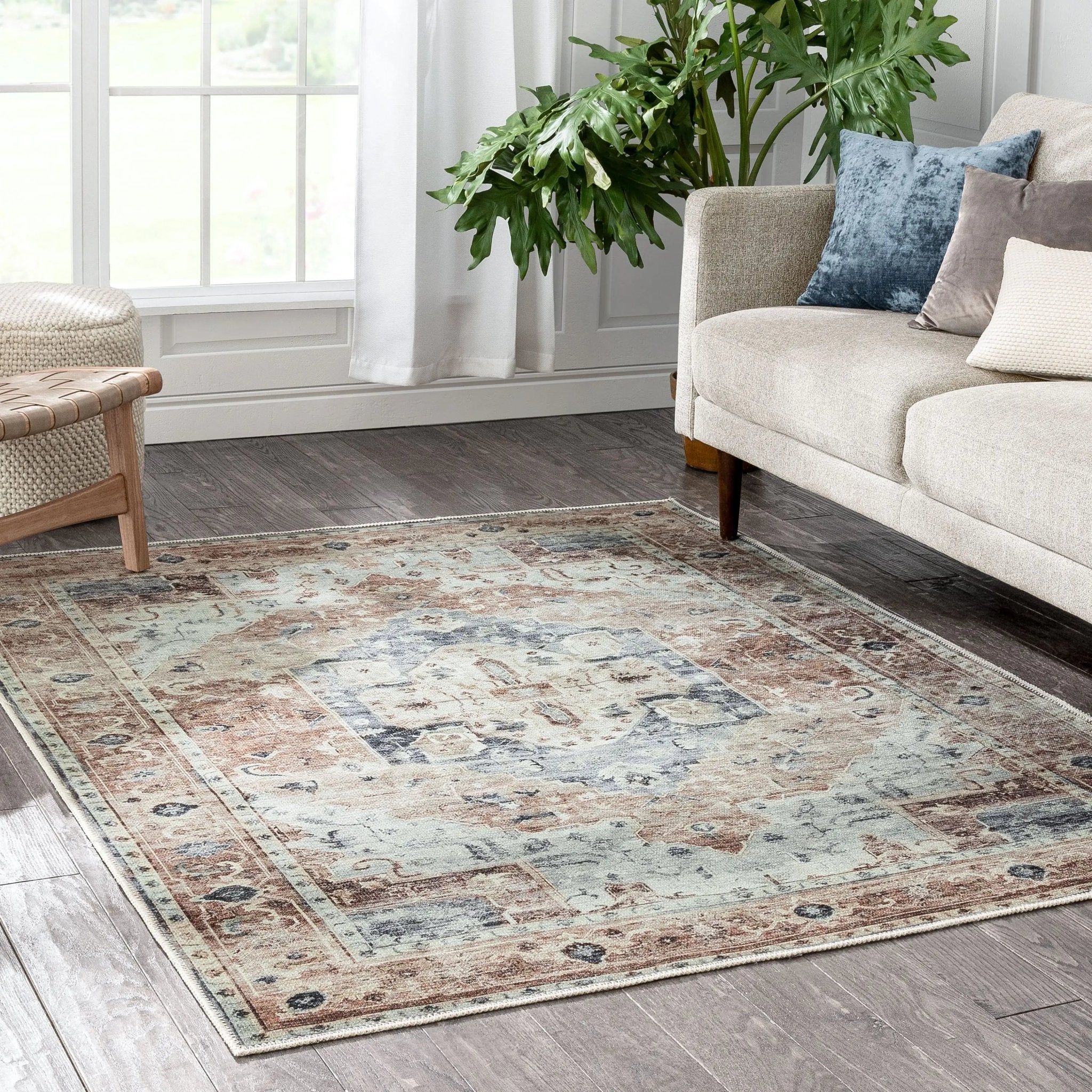 Binita Machine Washable Vintage Medallion Oriental Ivory Rust Flat-Weave Rug Well Woven