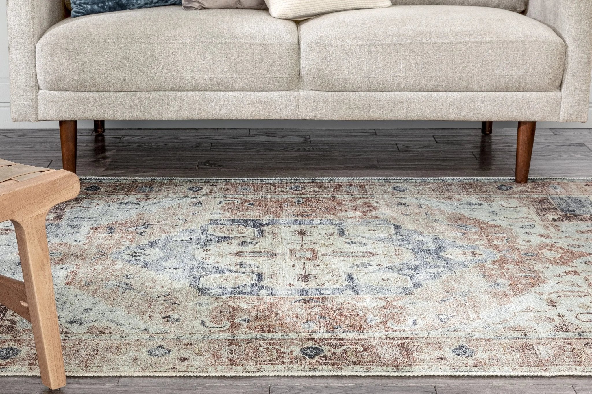 Binita Machine Washable Vintage Medallion Oriental Ivory Rust Flat-Weave Rug Well Woven