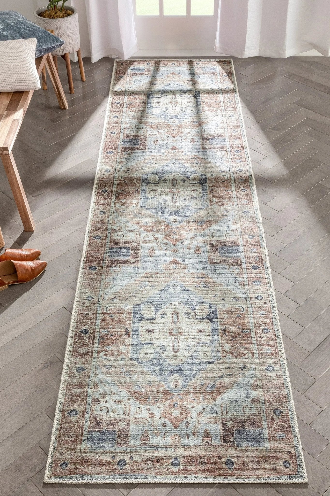 Binita Machine Washable Vintage Medallion Oriental Ivory Rust Flat-Weave Rug Well Woven