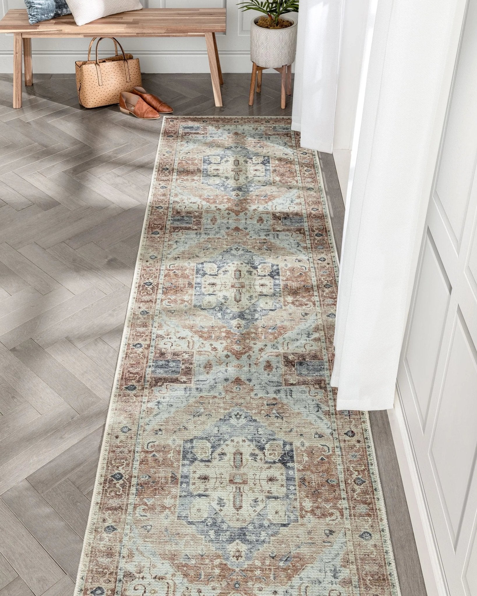 Binita Machine Washable Vintage Medallion Oriental Ivory Rust Flat-Weave Rug Well Woven