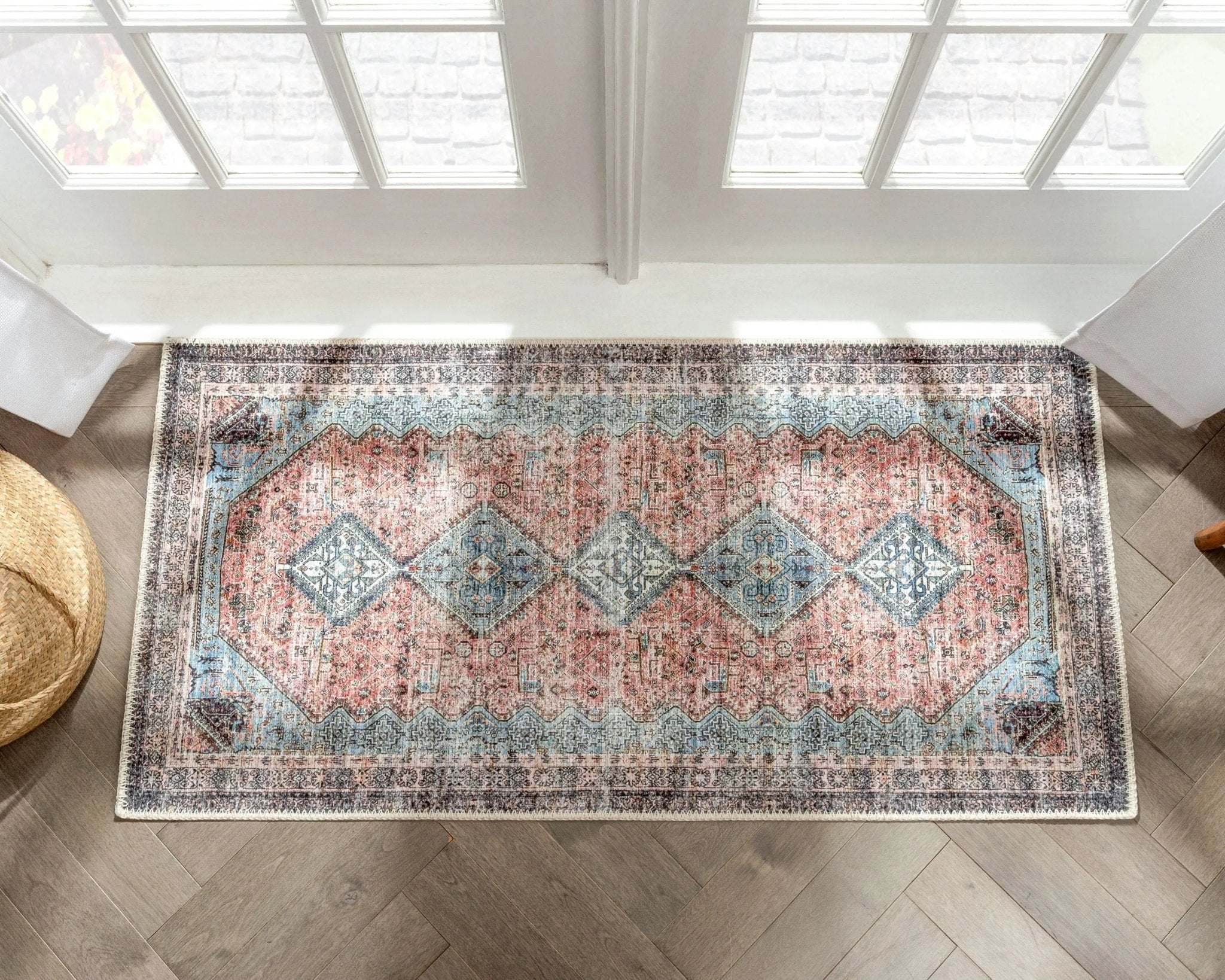 Menda Machine Washable Vintage Bohemian Meallion Oriental Light Blue Flat-Weave Distressed Rug Well Woven