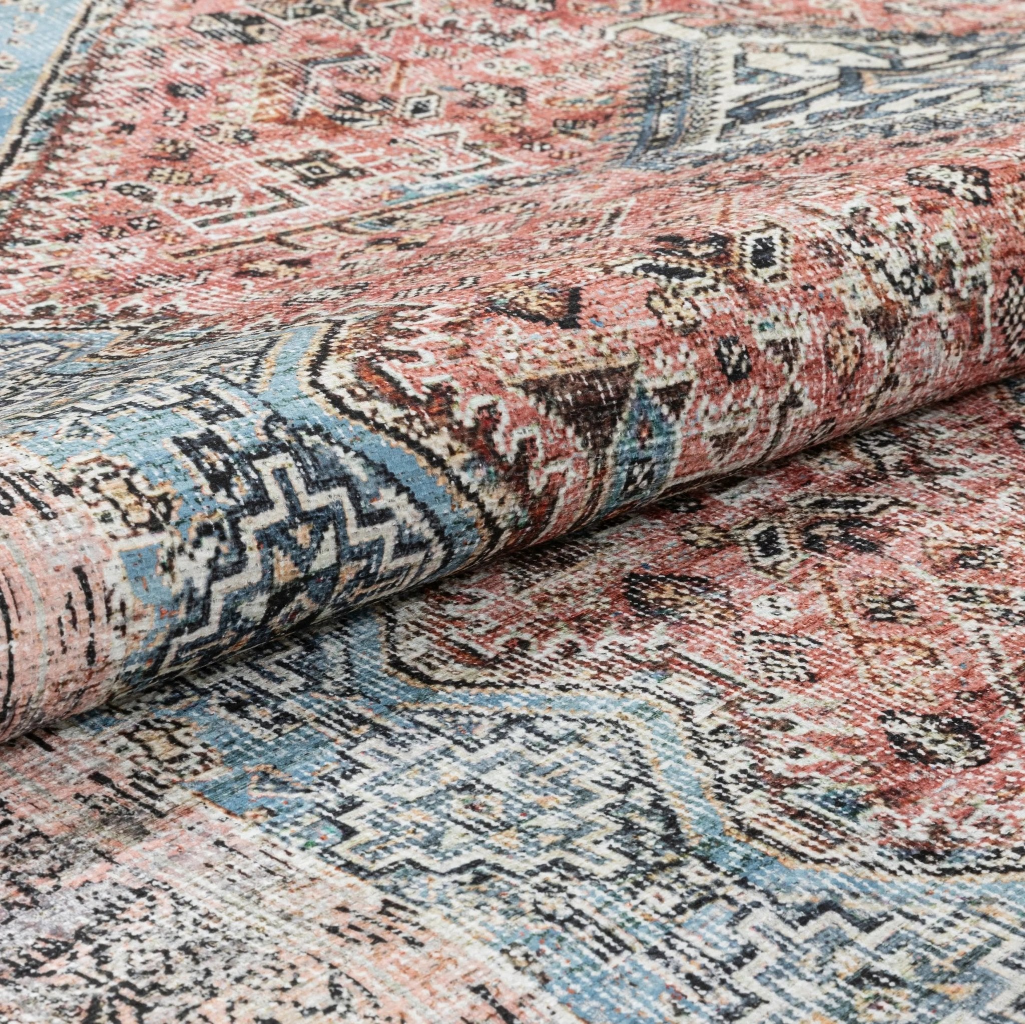 Menda Machine Washable Vintage Bohemian Meallion Oriental Light Blue Flat-Weave Distressed Rug Well Woven