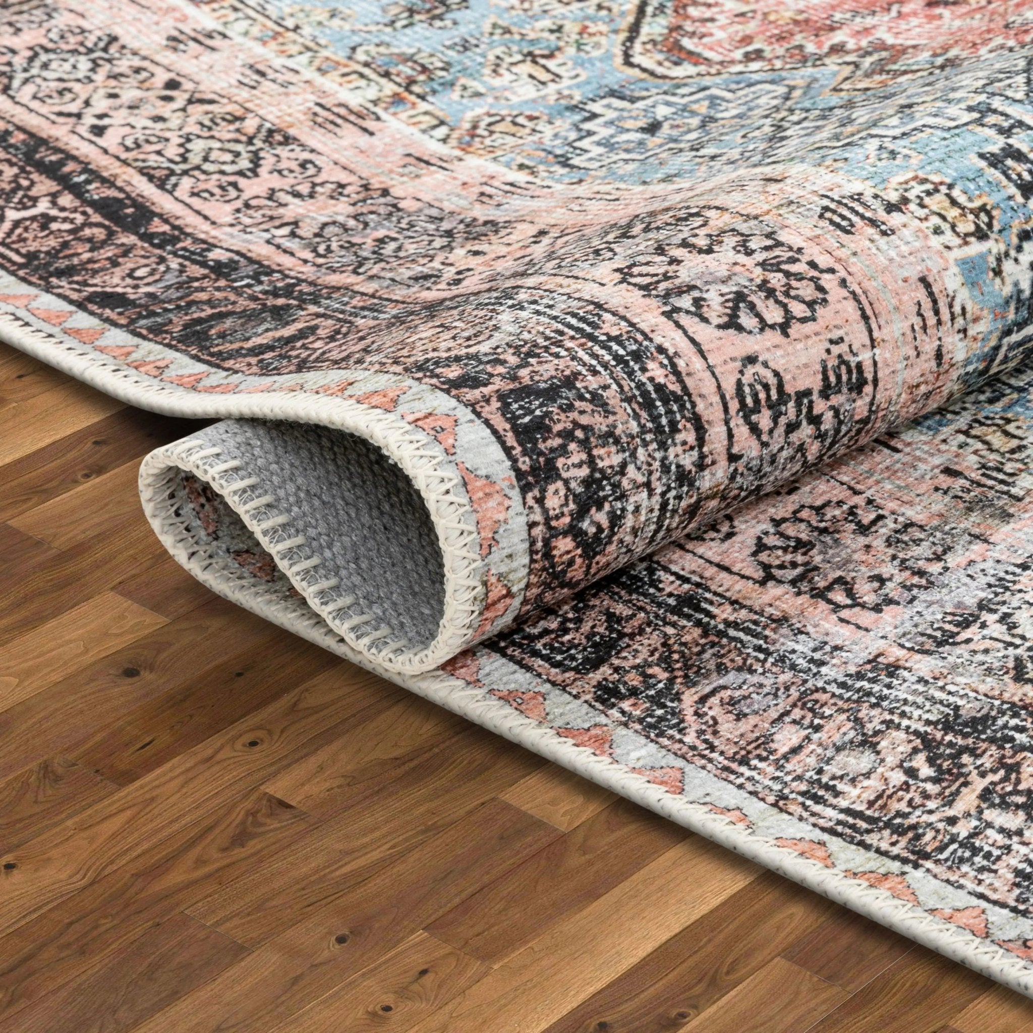 Menda Machine Washable Vintage Bohemian Meallion Oriental Light Blue Flat-Weave Distressed Rug Well Woven