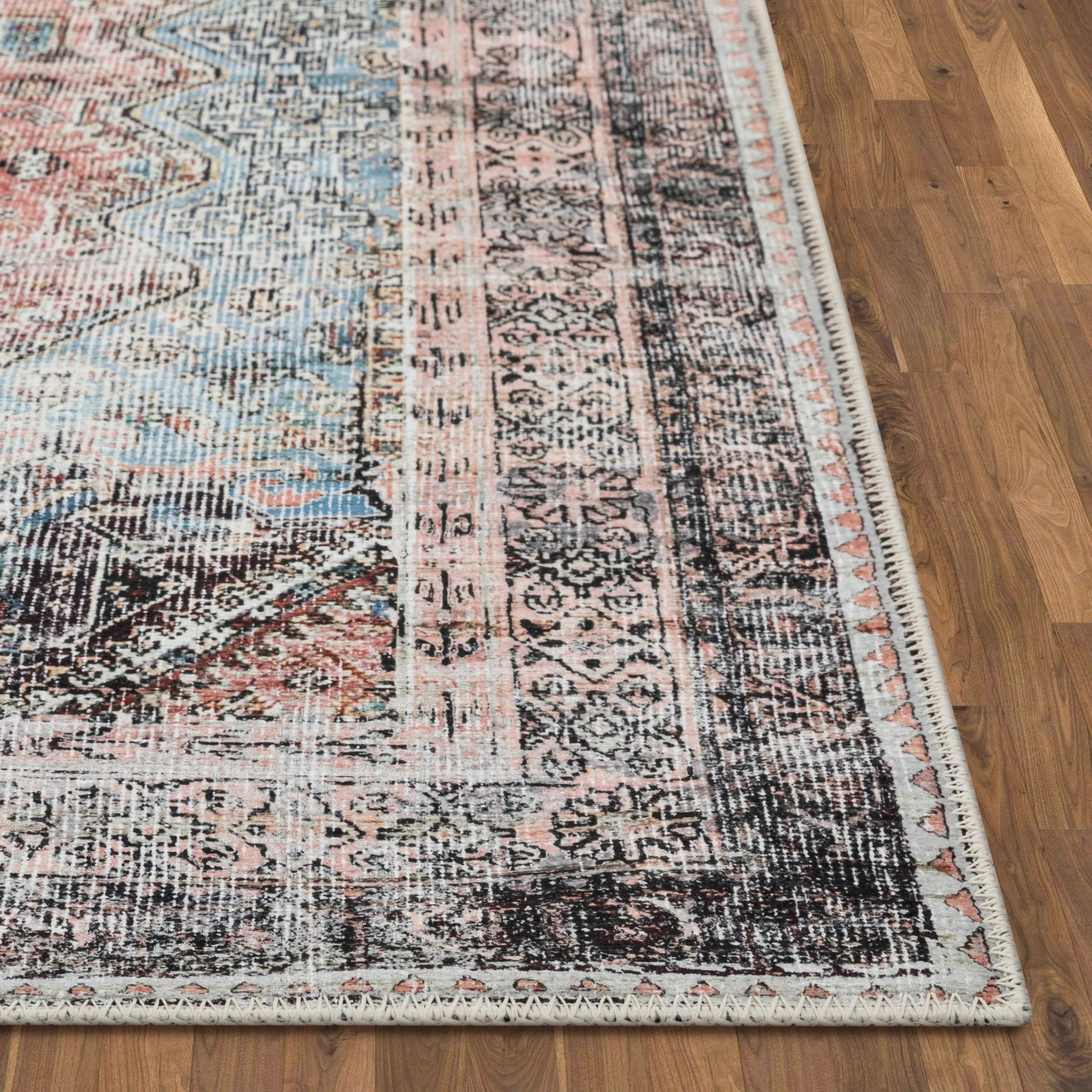 Menda Machine Washable Vintage Bohemian Meallion Oriental Light Blue Flat-Weave Distressed Rug Well Woven